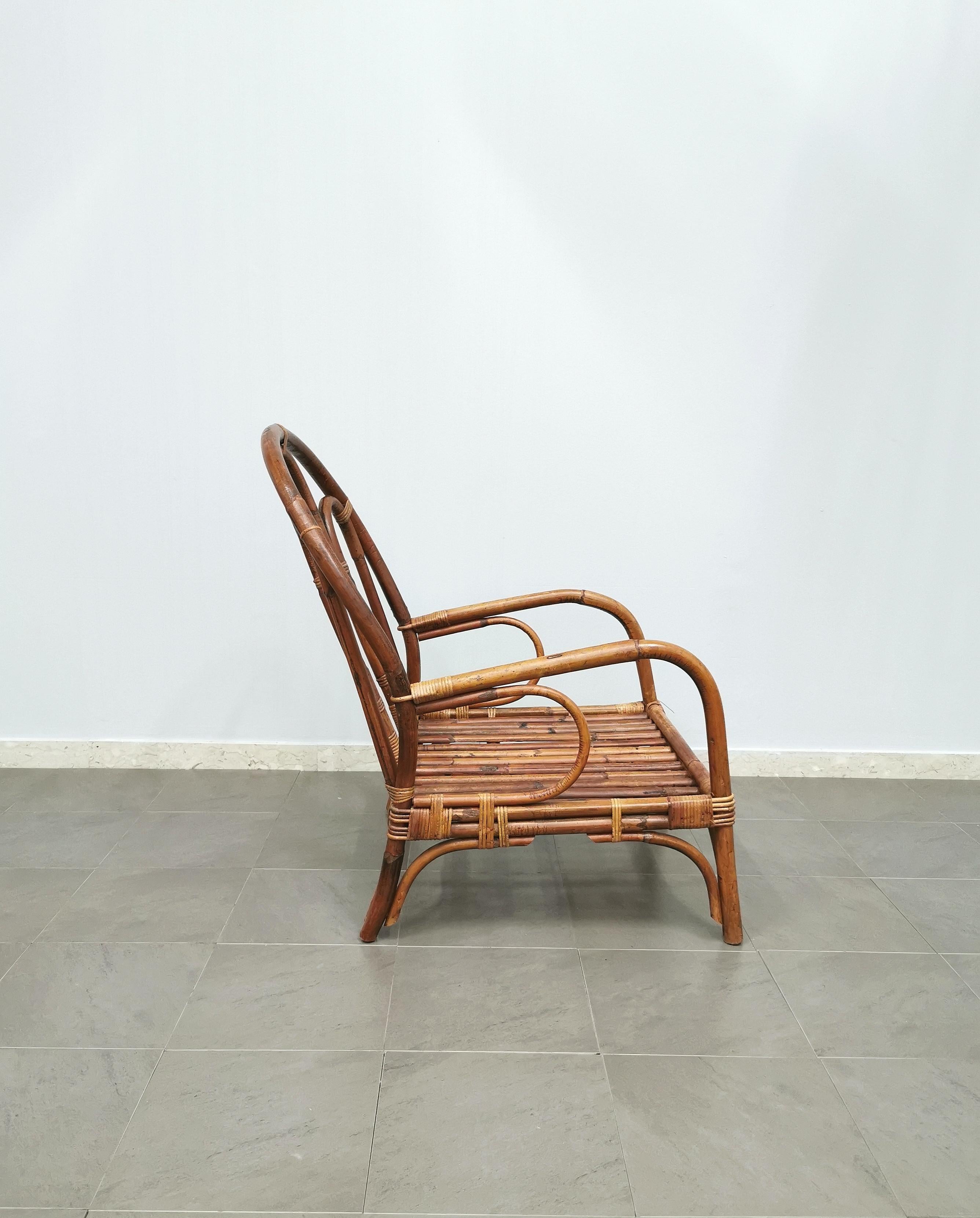 Mid-Century Modern Armchair Living Room Rattan Bamboo Curved Midcentury Italian Design 1970s For Sale