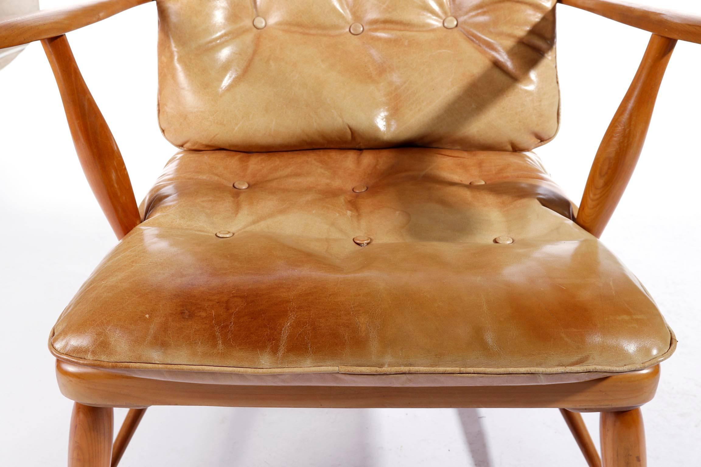 Mid-Century Modern, Arm Chair in Wood and Patinated Cognac Leather, 1950 For Sale 5