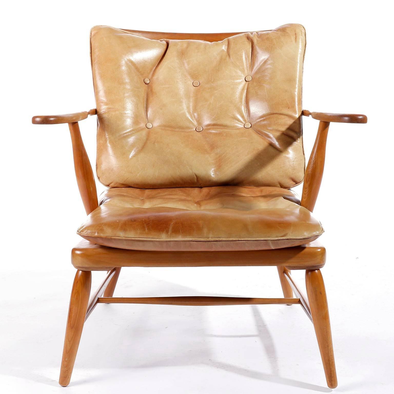 Austrian Mid-Century Modern, Arm Chair in Wood and Patinated Cognac Leather, 1950 For Sale