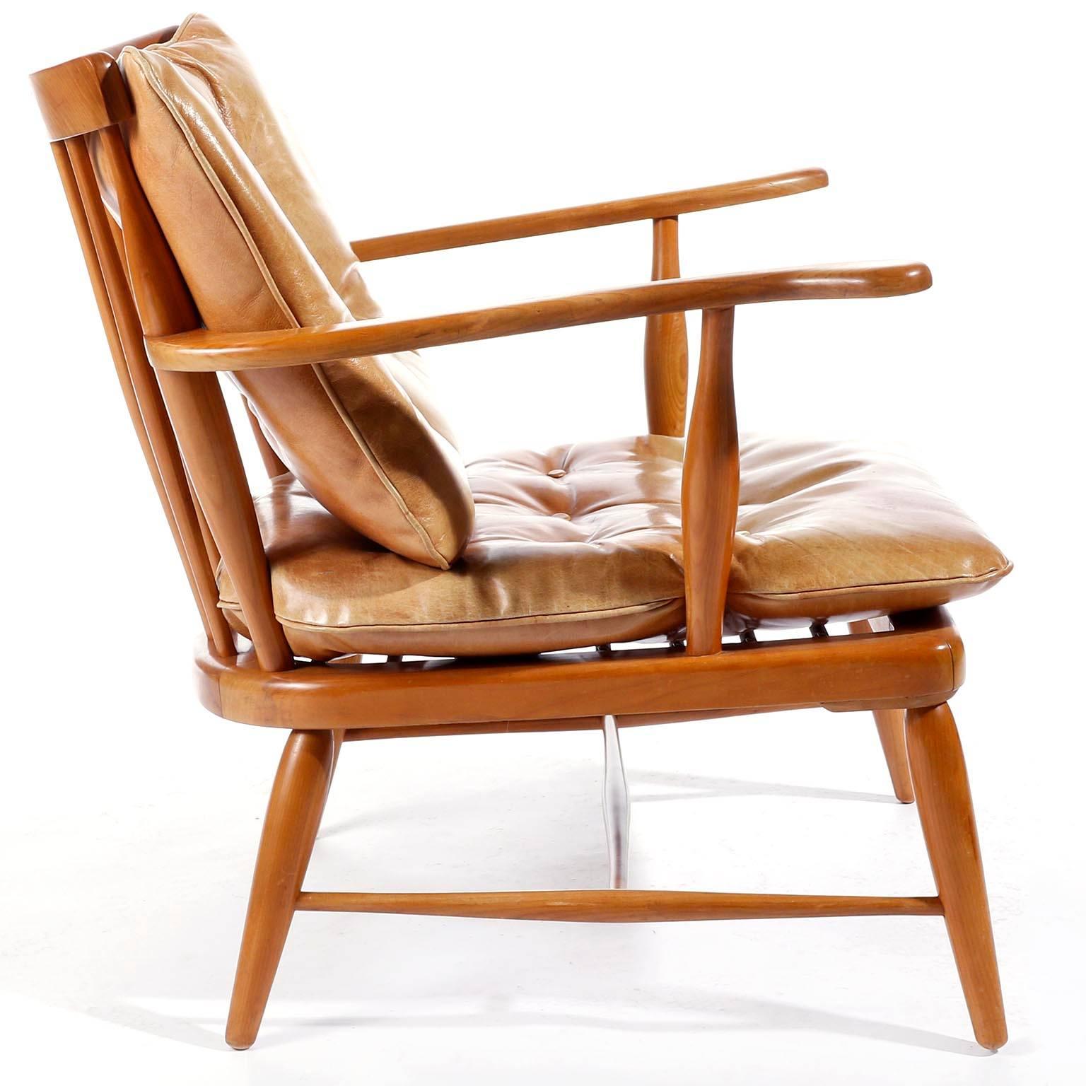 Mid-20th Century Mid-Century Modern, Arm Chair in Wood and Patinated Cognac Leather, 1950 For Sale