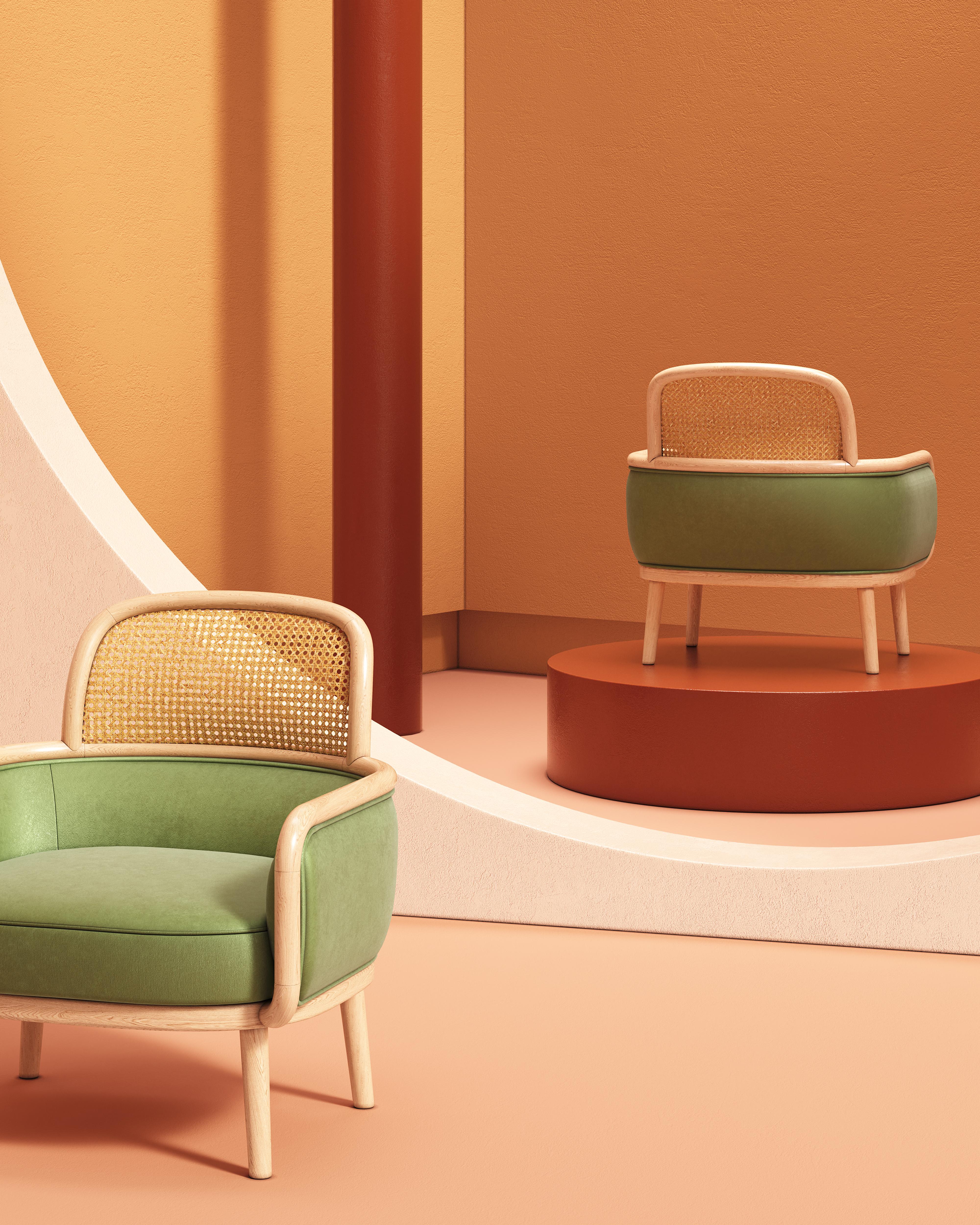 Sillón Luc de terciopelo suave y ratán natural en venta 10