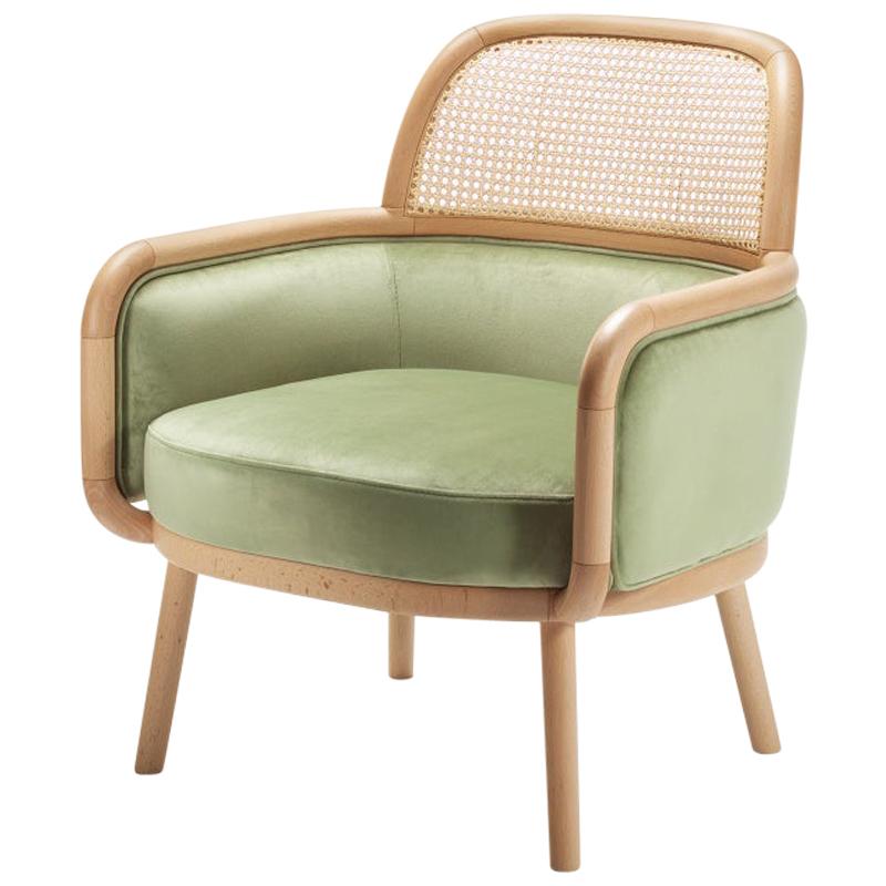 Armchair Luc with Soft Velvet and Natural Rattan For Sale