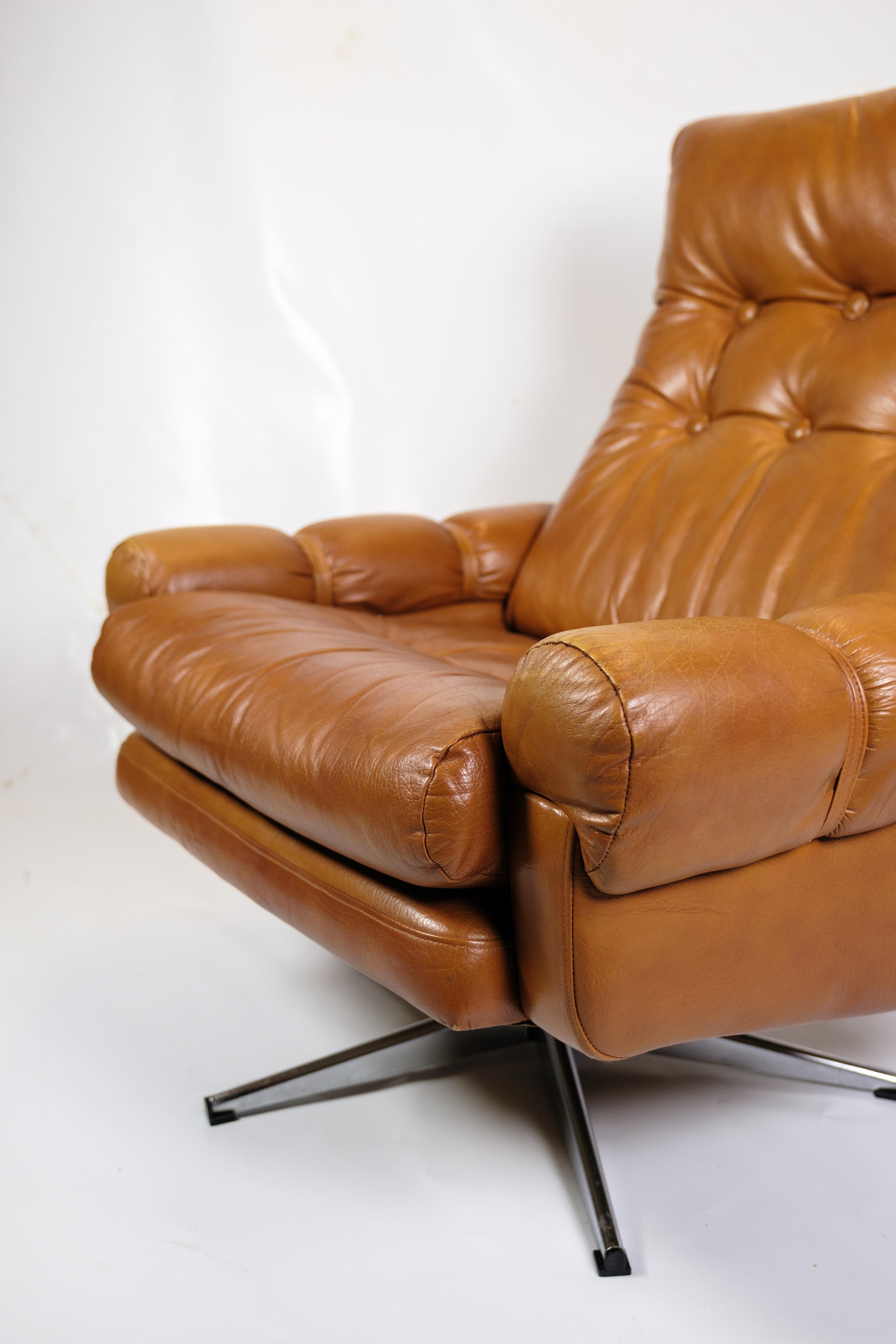 Mid-Century Modern Armchair Made In Cognac Leather From 1980s For Sale