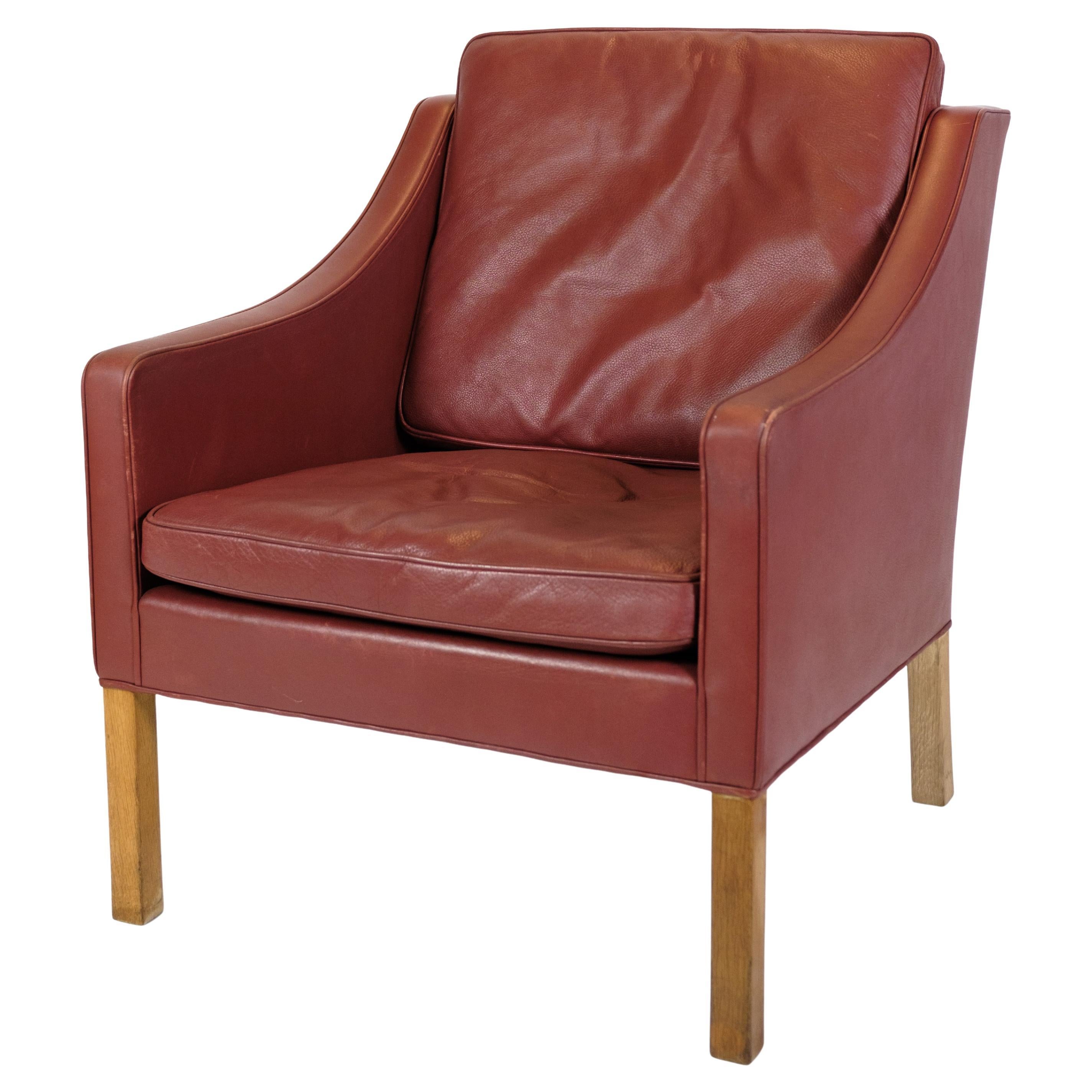 Armchair Model 2207 Made In Red Leather & Oak Frame By Børge Mogensen From 1960s