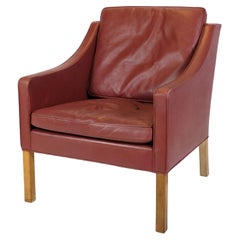 Armchair Model 2207 Made In Red Leather & Oak Frame By Børge Mogensen From 1960s