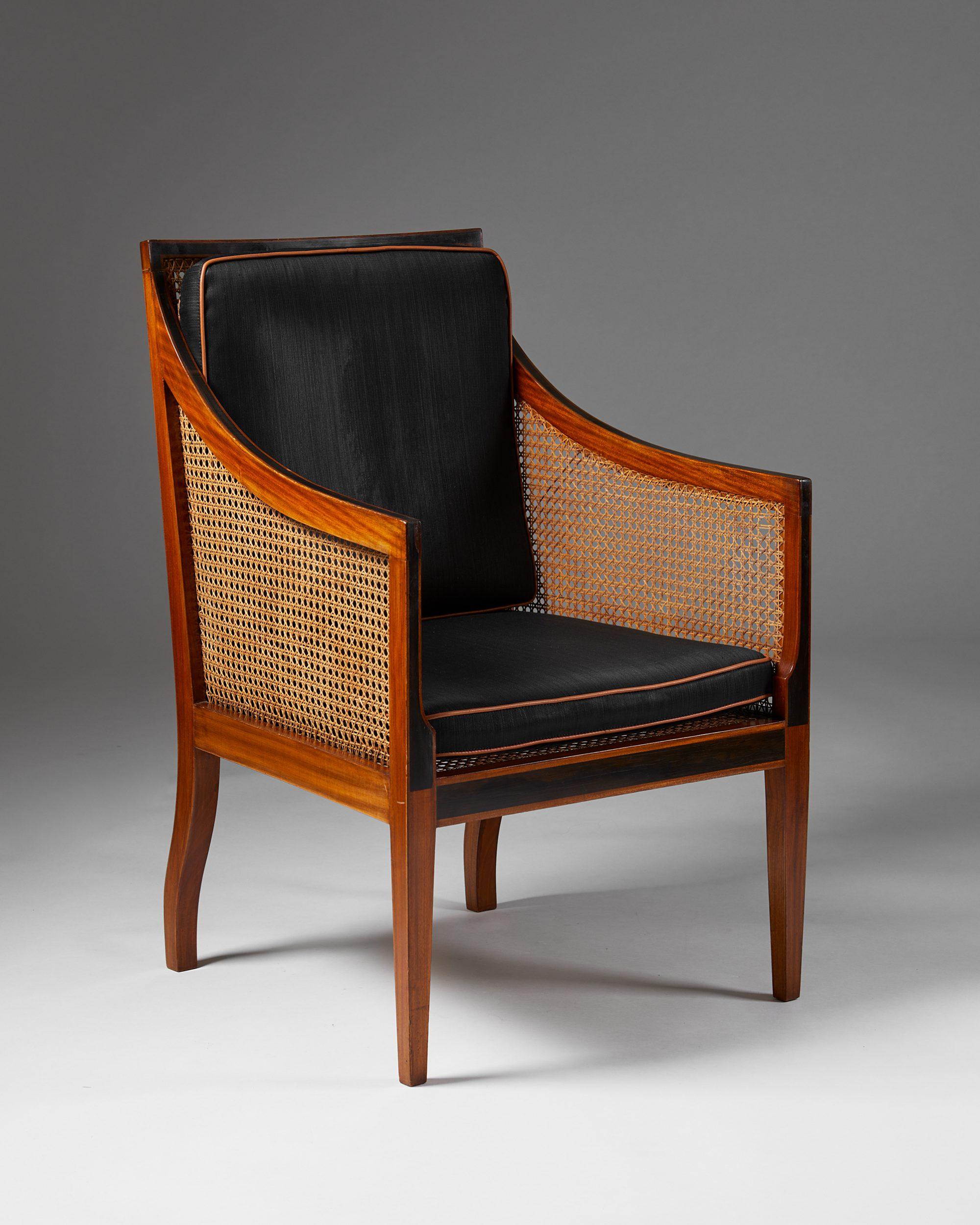 Armchair model 4488 designed by Kaare Klint for Rud. Rasmussen,
Denmark, 1930s.

Mahogany, ebony, cane, and black horsehair upholstery with cognac leather piping.

Klint thought his friend’s 18th-century chair from England, which he often sat
