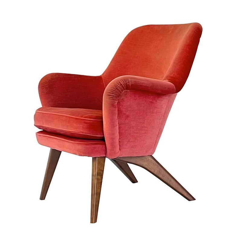 Armchair Model Pedro by Carl Gustaf Hiort in Coral-Red Fabric, Finland,  1950s For Sale at 1stDibs