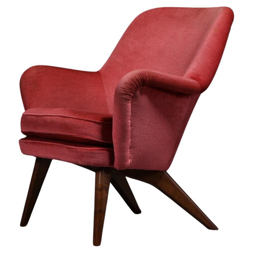 Armchair Model Pedro by Carl Gustaf Hiort in Coral-Red Fabric, Finland, 1950s
