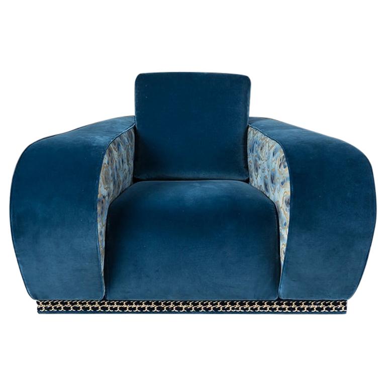 Armchair Napoli EticaLiving, Blue Fabric and Velvet, Made in Italy