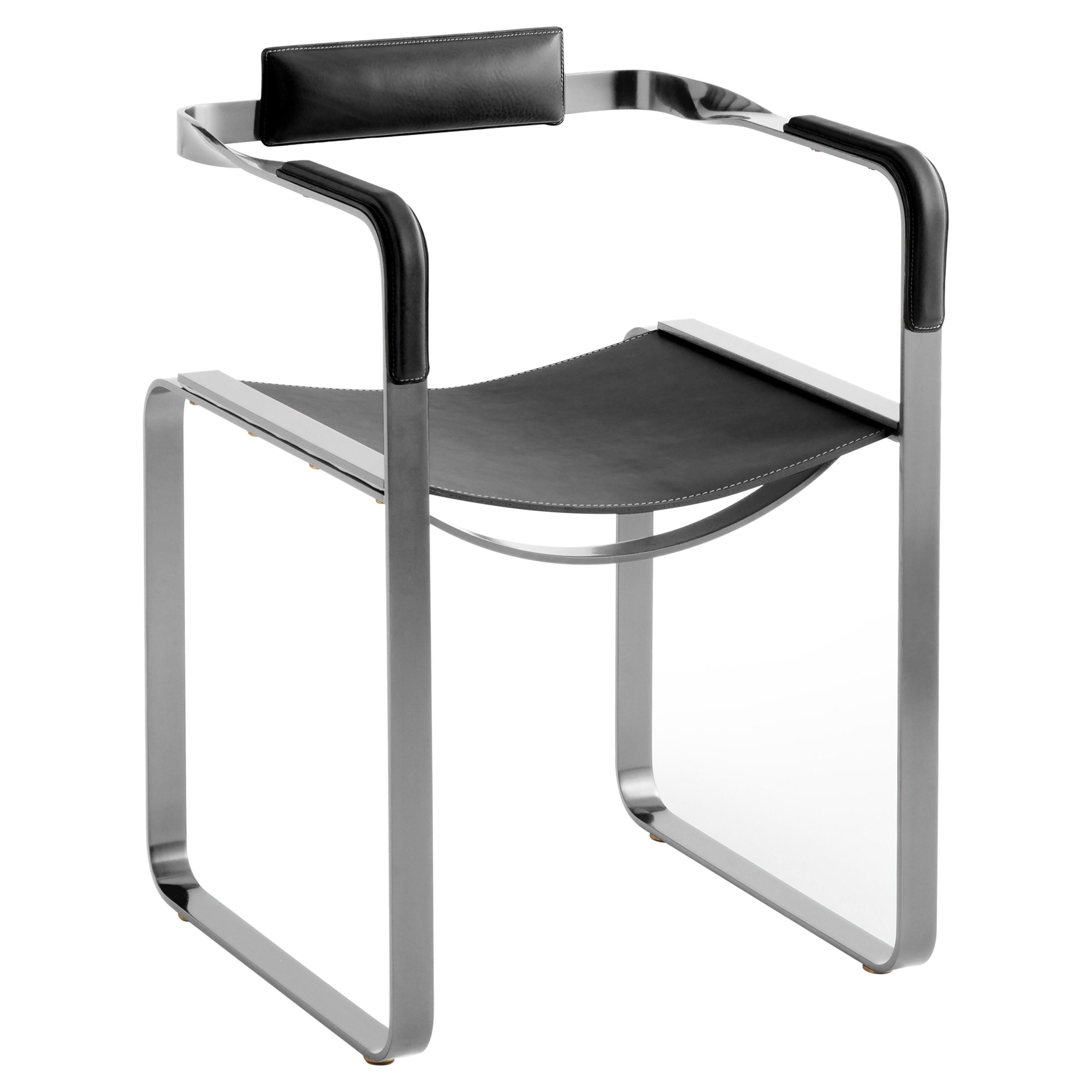 Armchair, Old Silver Steel and Black Saddle Leather, Contemporary Style