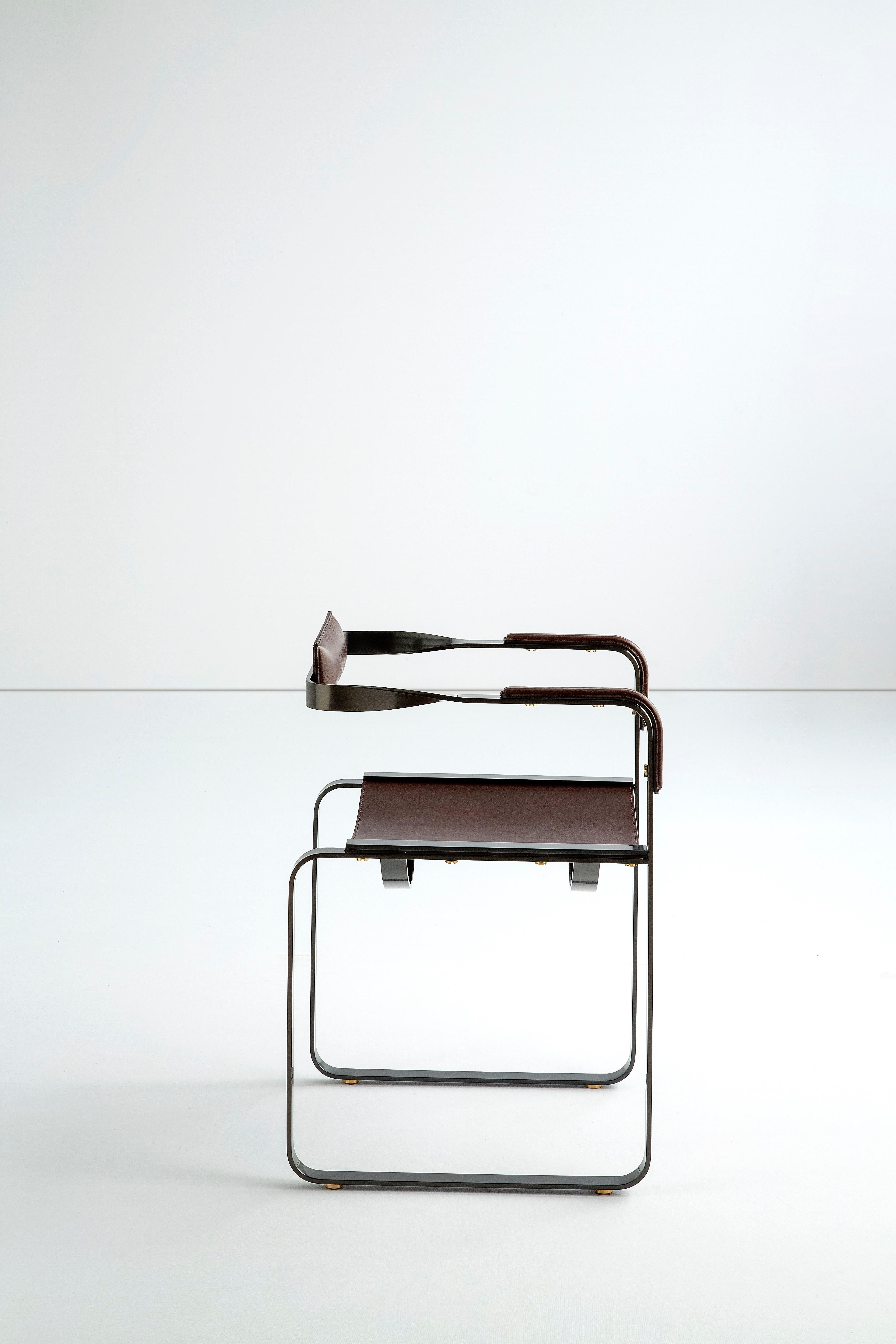 Polished Armchair, Old Silver Steel and Dark Brown Saddle Leather, Contemporary Style For Sale