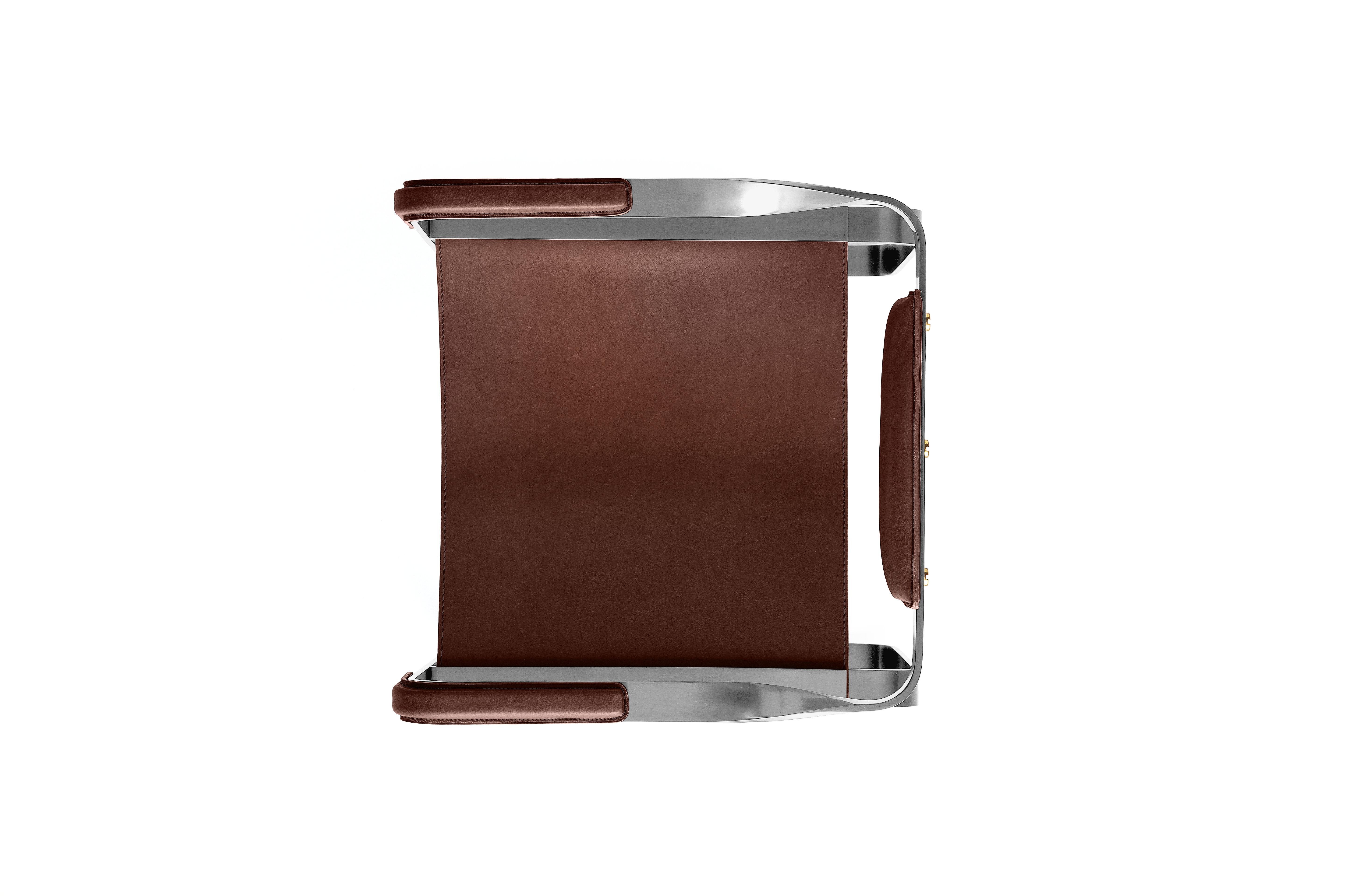Sessel, Old Silver Steel und dunkelbraunes Sattelleder, Contemporary Style (Minimalistisch) im Angebot