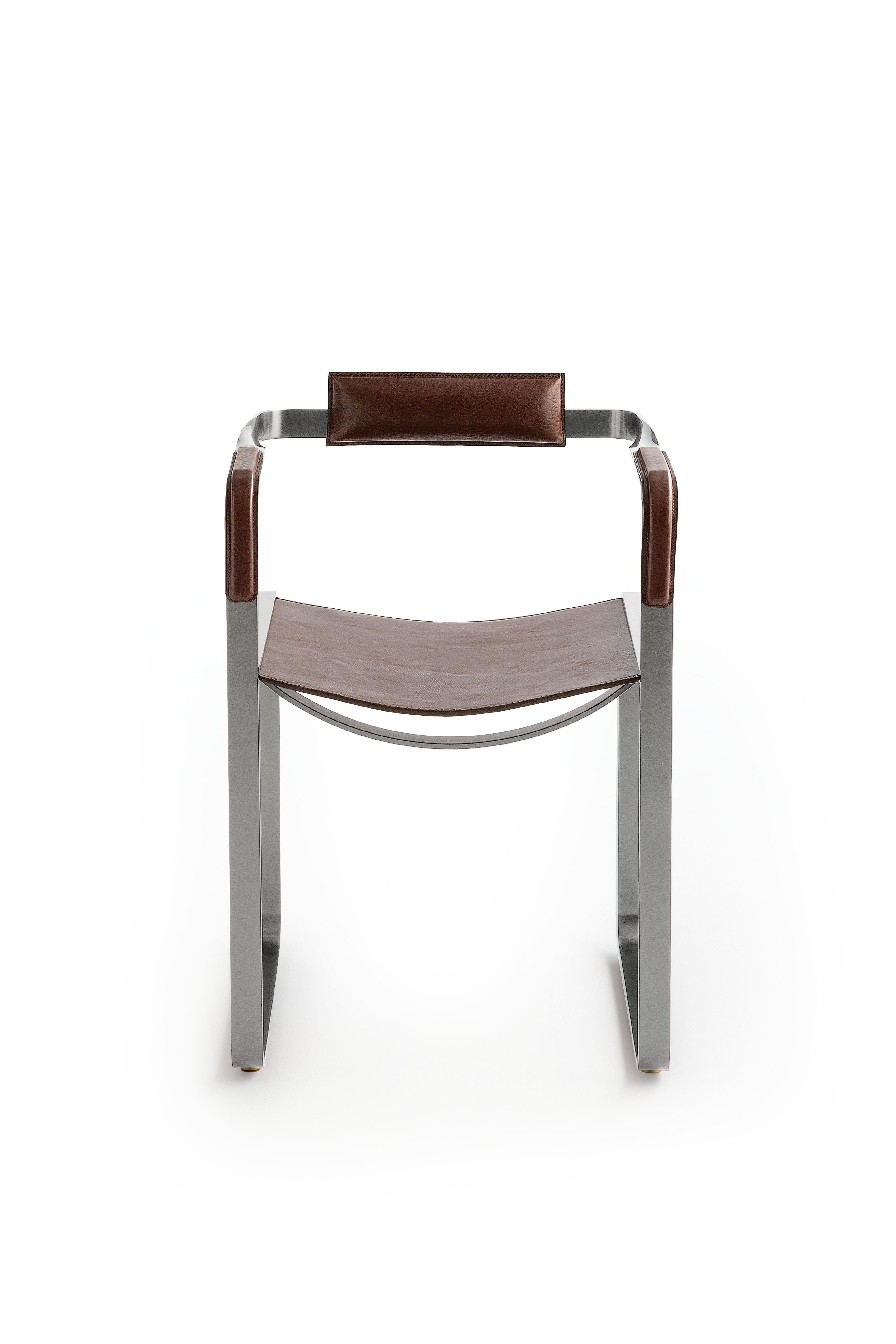 Spanish Armchair, Old Silver Steel and Dark Brown Saddle Leather, Contemporary Style For Sale