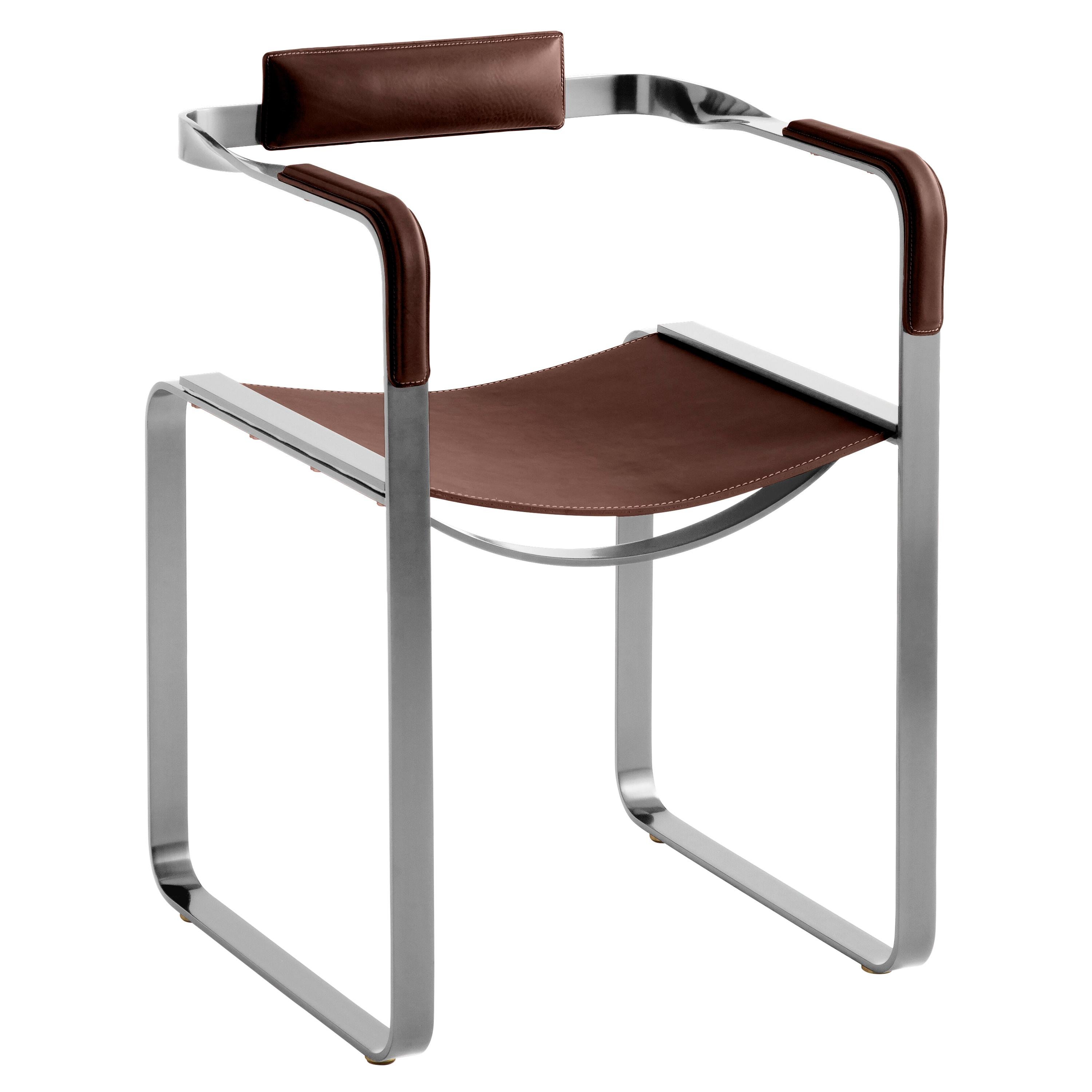 Sessel, Old Silver Steel und dunkelbraunes Sattelleder, Contemporary Style im Angebot