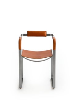 Armchair, Old Silver Steel & Natural Tobacco Saddle Leather, Contemporary Style