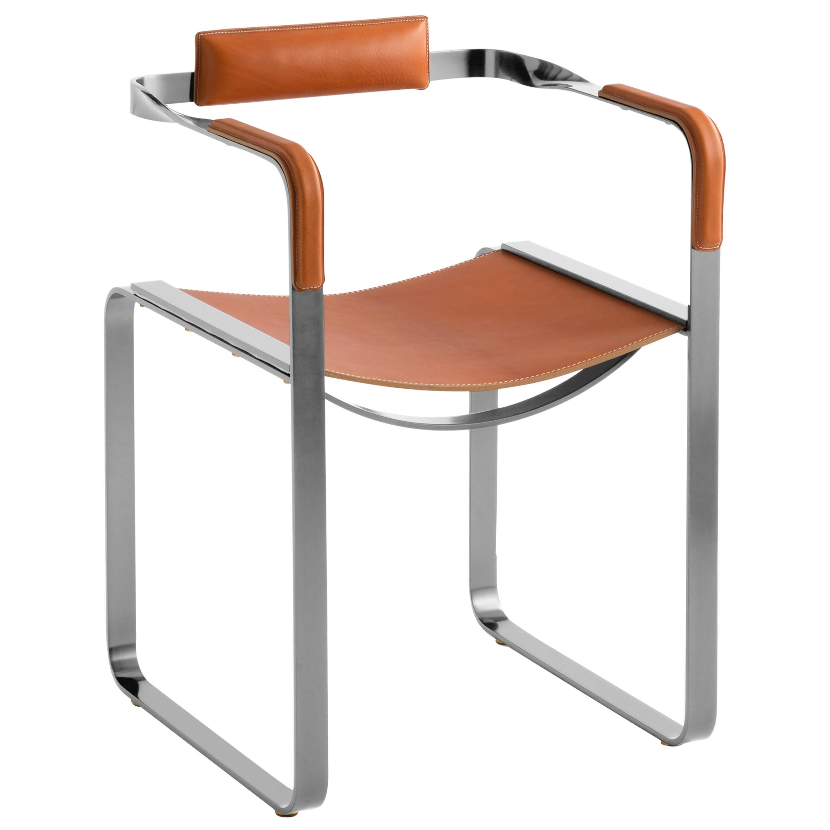 Sessel, Old Silver Steel & Natural Tobacco Saddle Leather, Contemporary Style