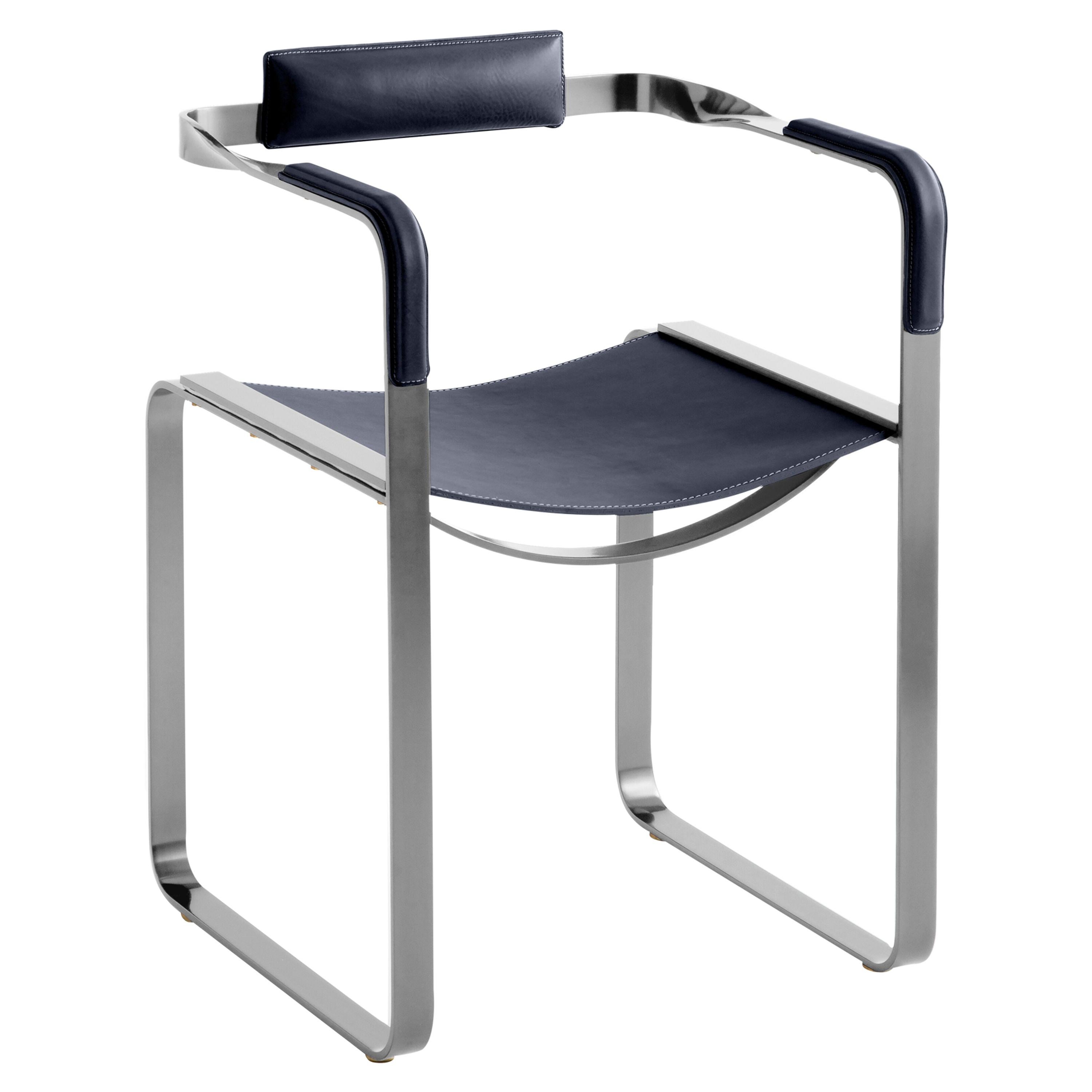 Sessel, Old Silver Steel & Navy Blue Saddle Leather, Contemporary Style