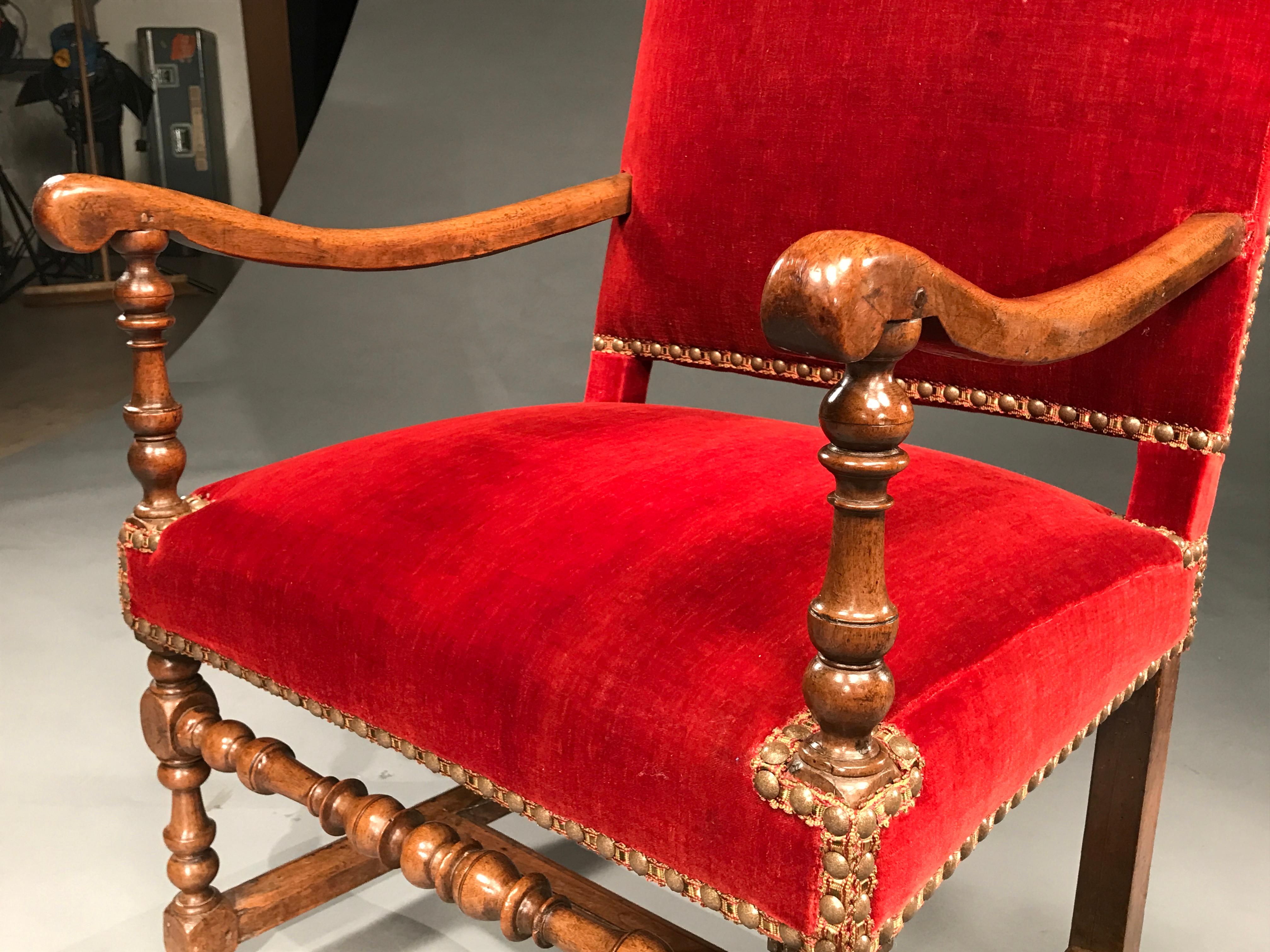 Baroque Armchair Open Upholstered Rust Mohair Velvet French Stretcher For Sale