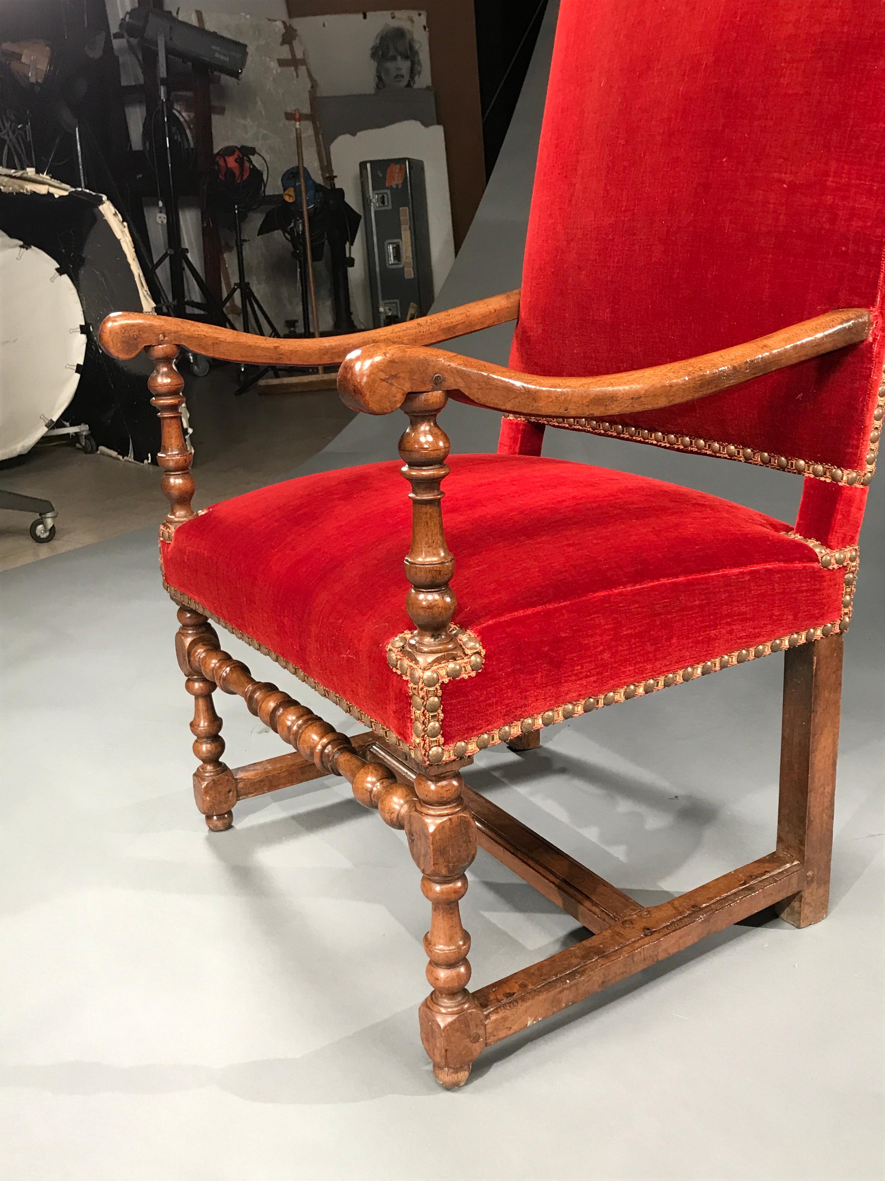 Armchair Open Upholstered Rust Mohair Velvet French Stretcher In Good Condition For Sale In BUNGAY, SUFFOLK