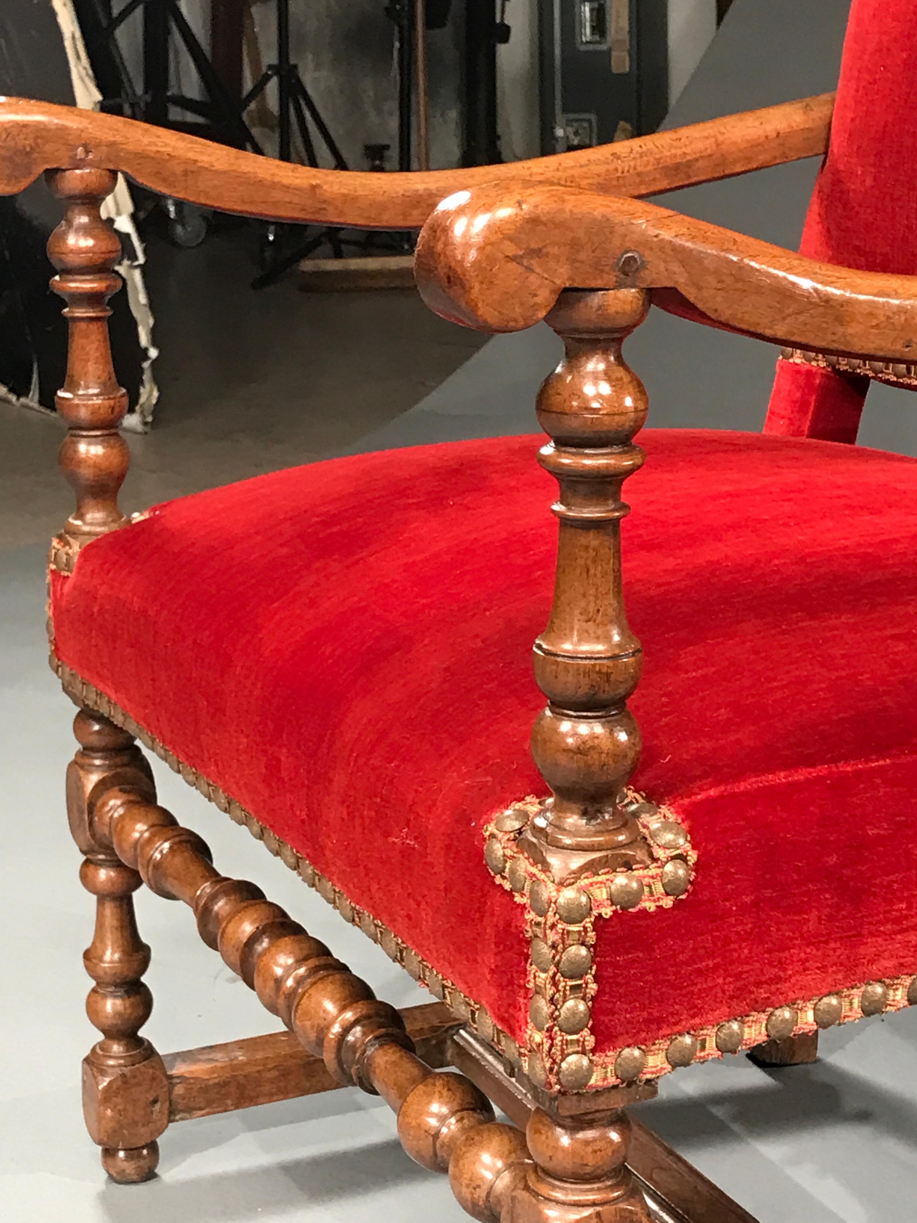 18th Century and Earlier Armchair Open Upholstered Rust Mohair Velvet French Stretcher For Sale