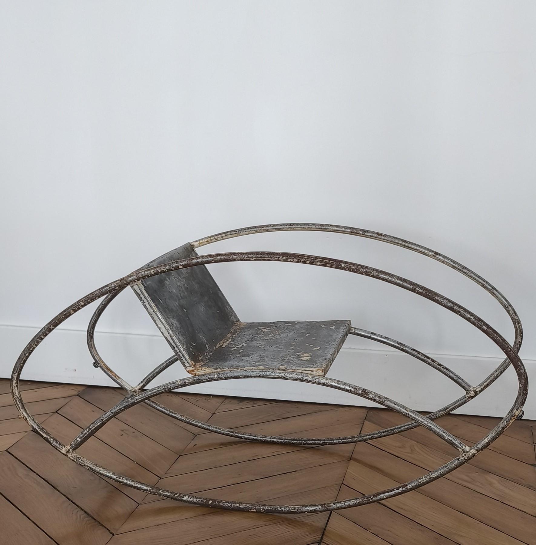 Unique symetrical armchair or rocking chair by Jean Michel Sanejouan - for the Atelier A / MMM as editor,  1960s / 1970s, France.
.
Metal with a stunning patina.
.
In vintage condition which gives an amazing look.
.
The simple fact of placing it in