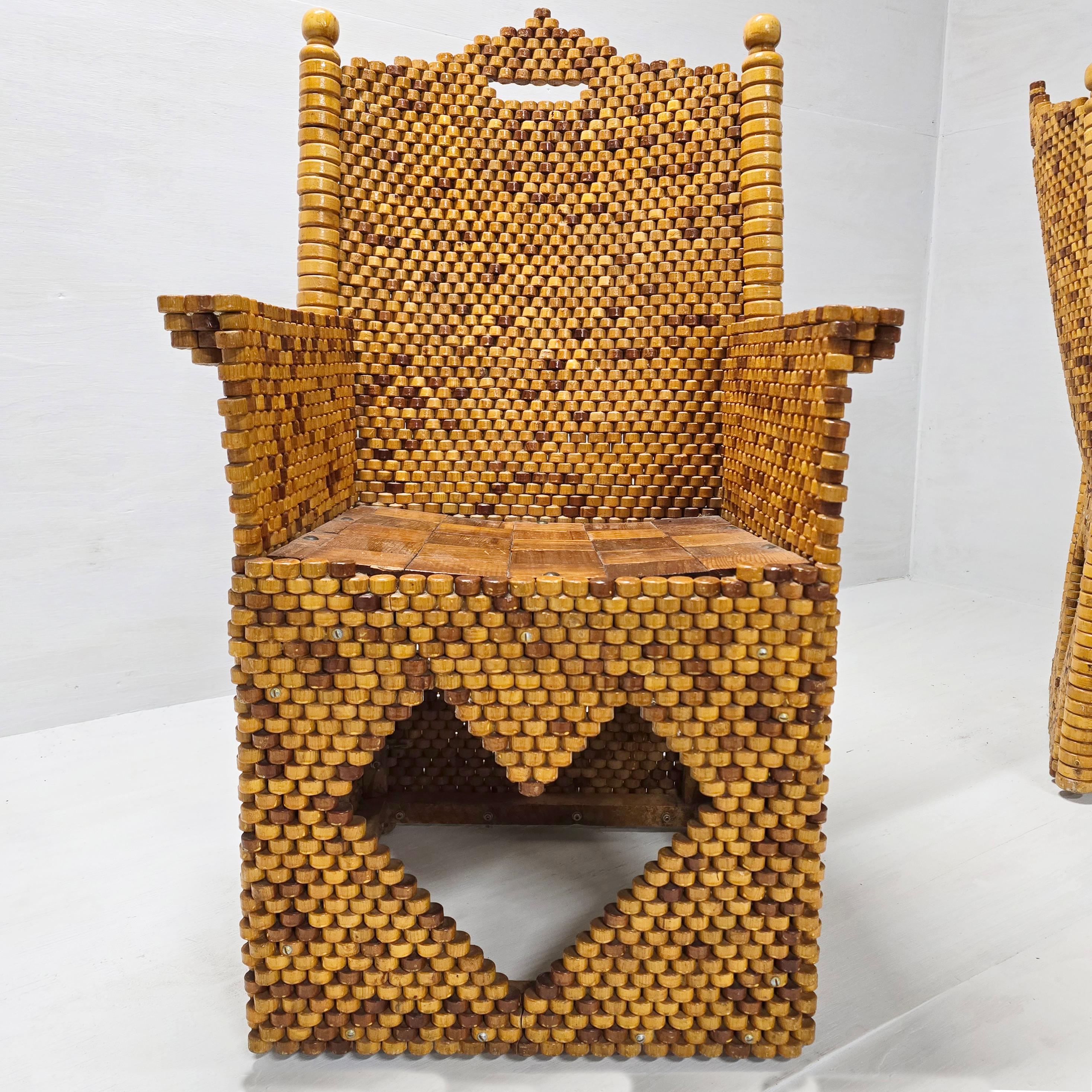 Armchair Pair, Folk Art Spool Chairs, Circa 1920s -1930s For Sale 9