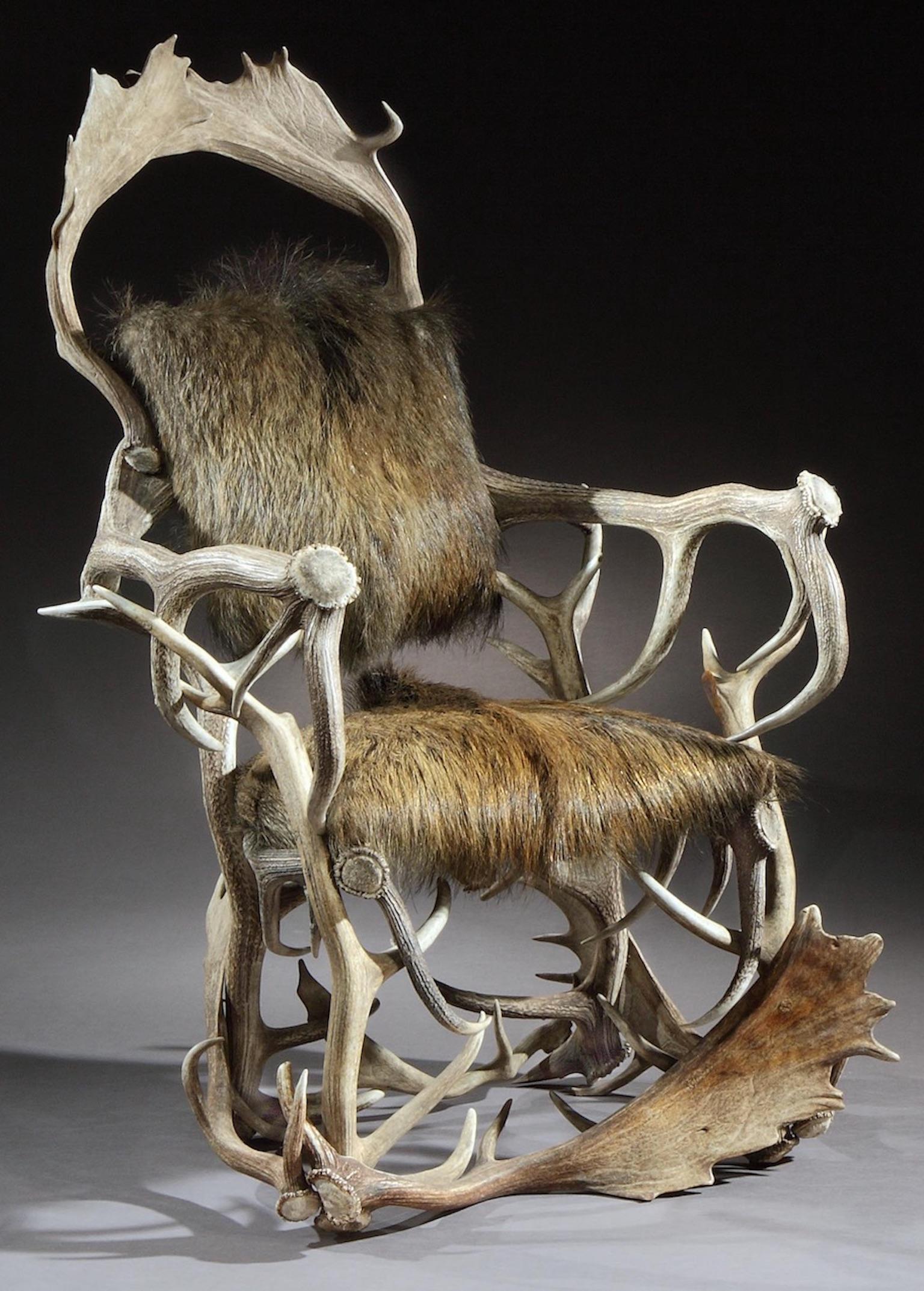 Européen Paire de fauteuils de chasse, trophée de chasse, bois de cerf rouge, saule, sanglier sauvage, peau en vente