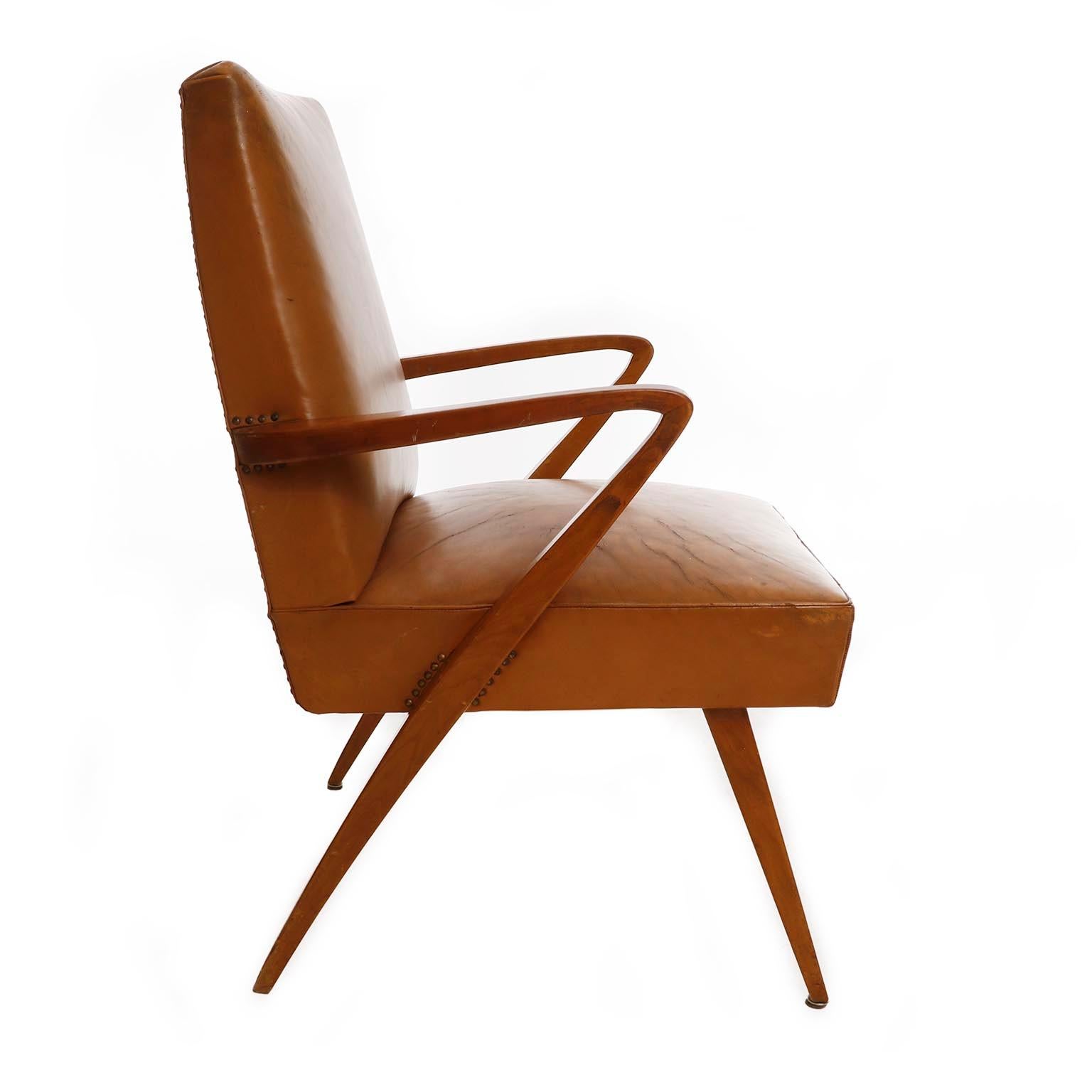 Mid-Century Modern Armchair, Patinated Cognac Leather Wood, Austria, 1950s For Sale