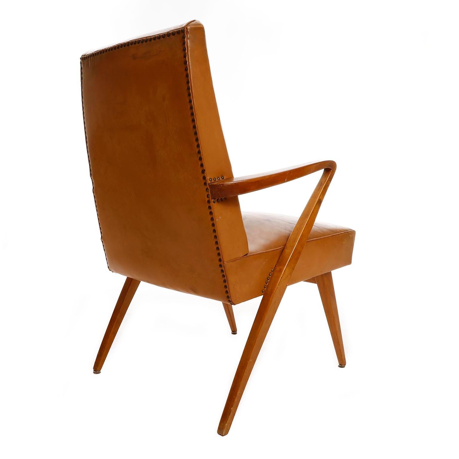 Austrian Armchair, Patinated Cognac Leather Wood, Austria, 1950s For Sale