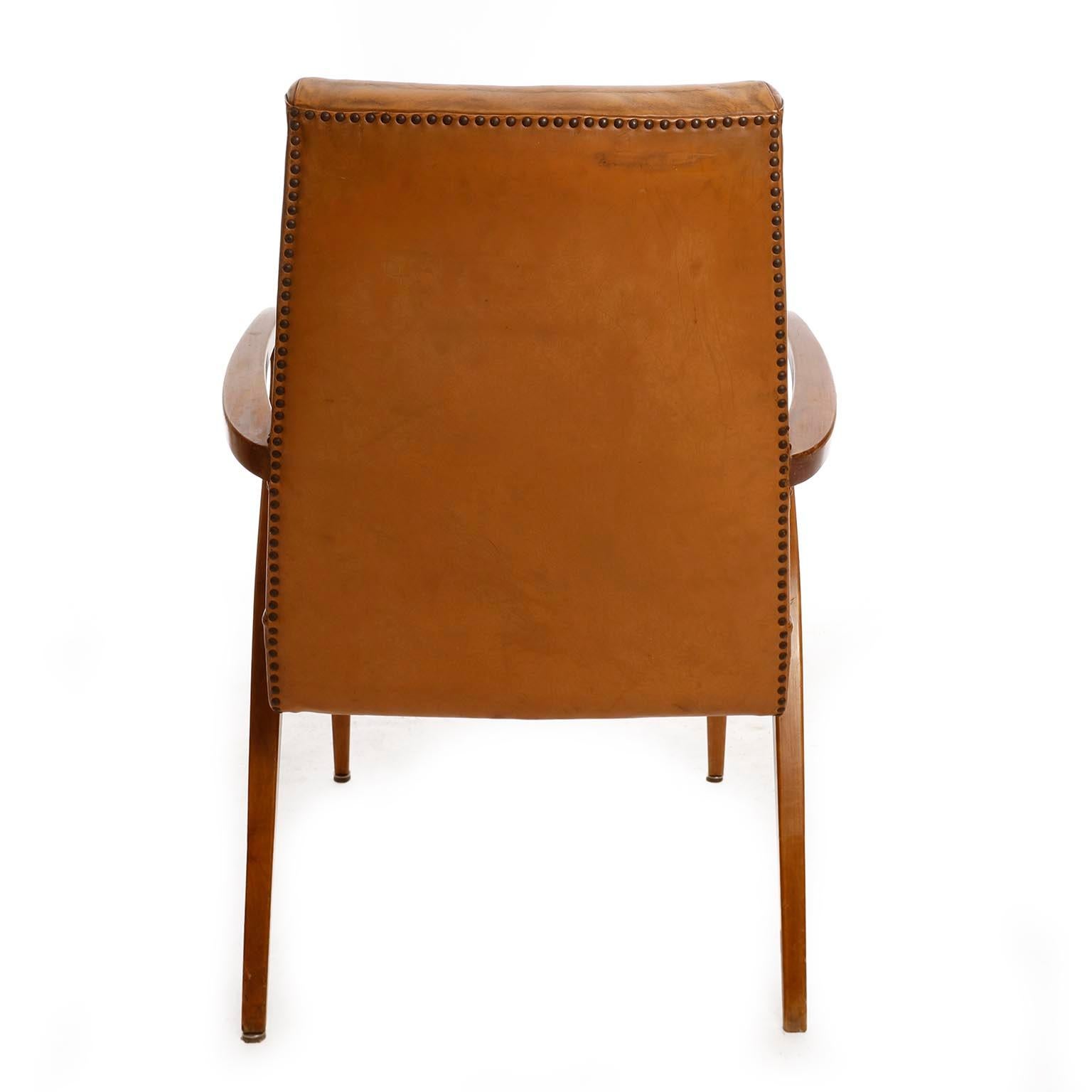 Armchair, Patinated Cognac Leather Wood, Austria, 1950s In Fair Condition For Sale In Hausmannstätten, AT