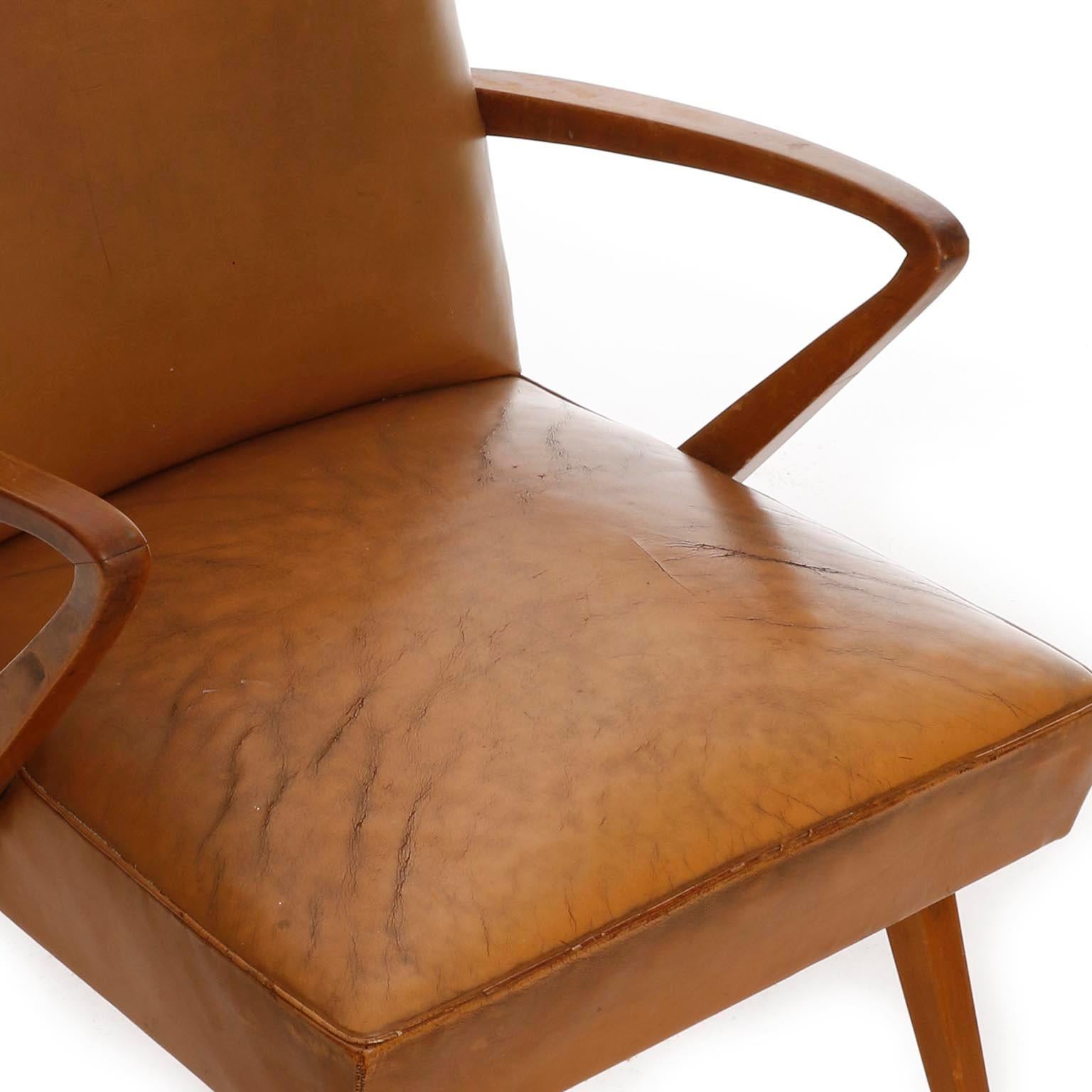 Mid-20th Century Armchair, Patinated Cognac Leather Wood, Austria, 1950s For Sale