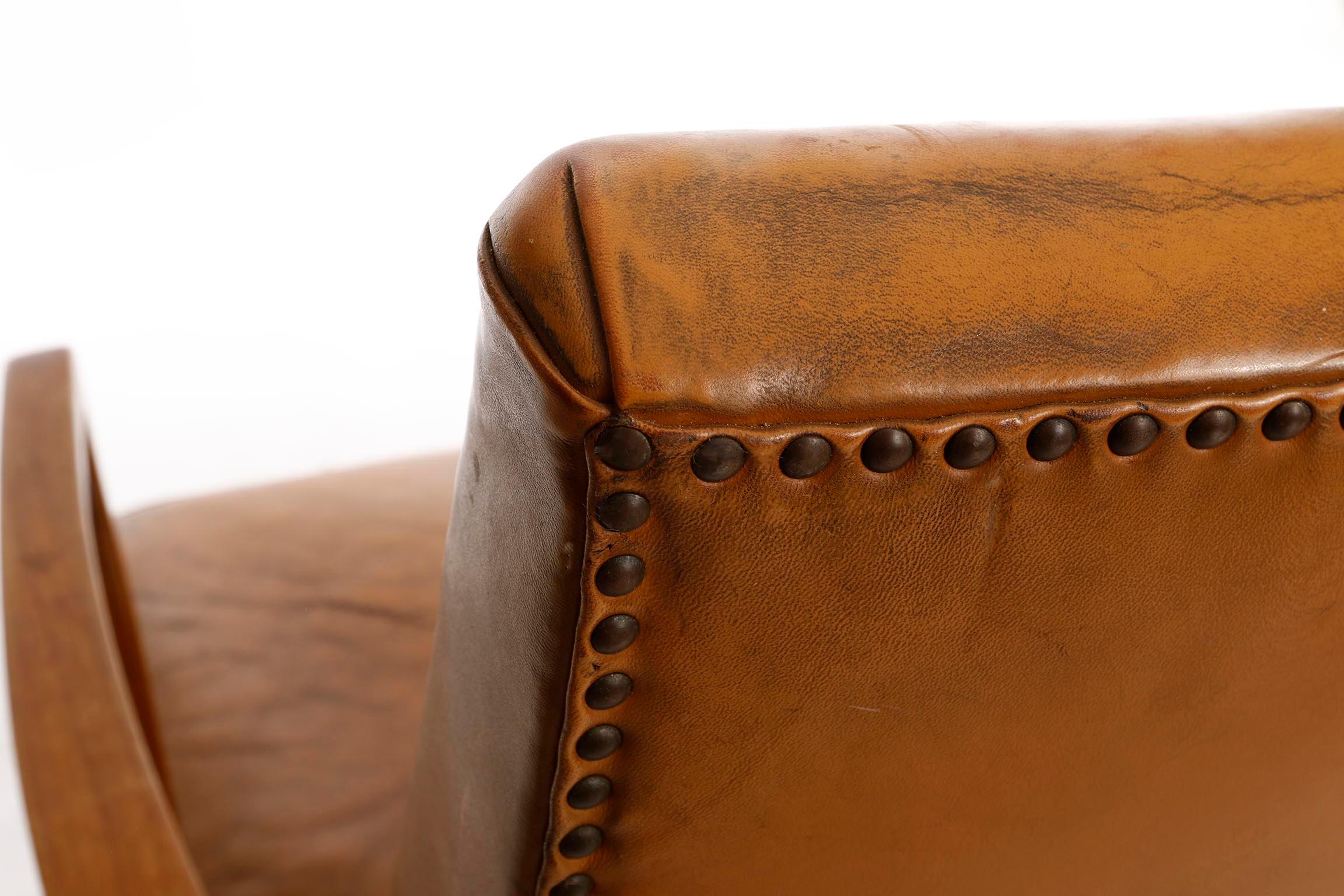 Armchair, Patinated Cognac Leather Wood, Austria, 1950s For Sale 2