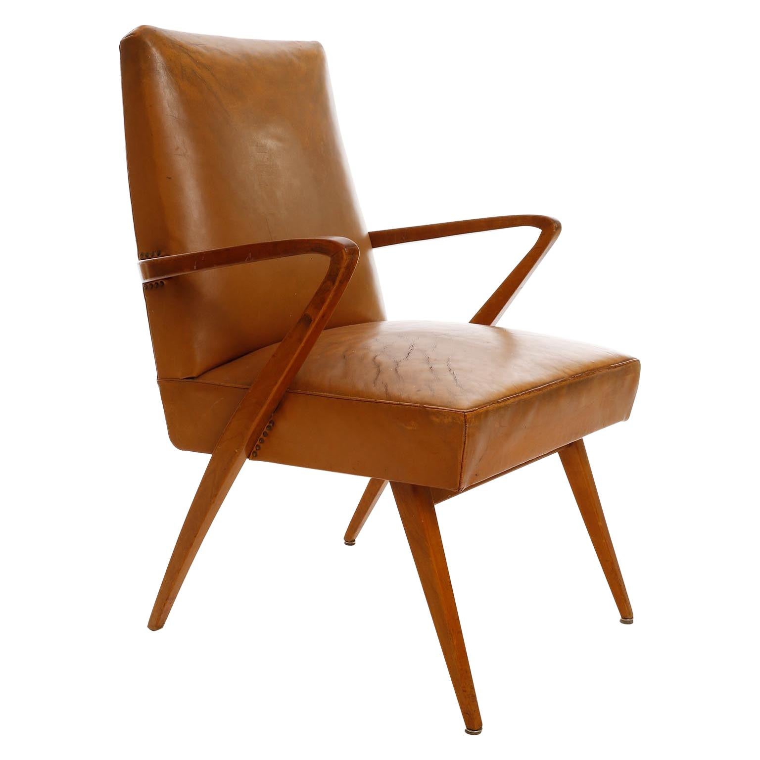 Armchair, Patinated Cognac Leather Wood, Austria, 1950s For Sale