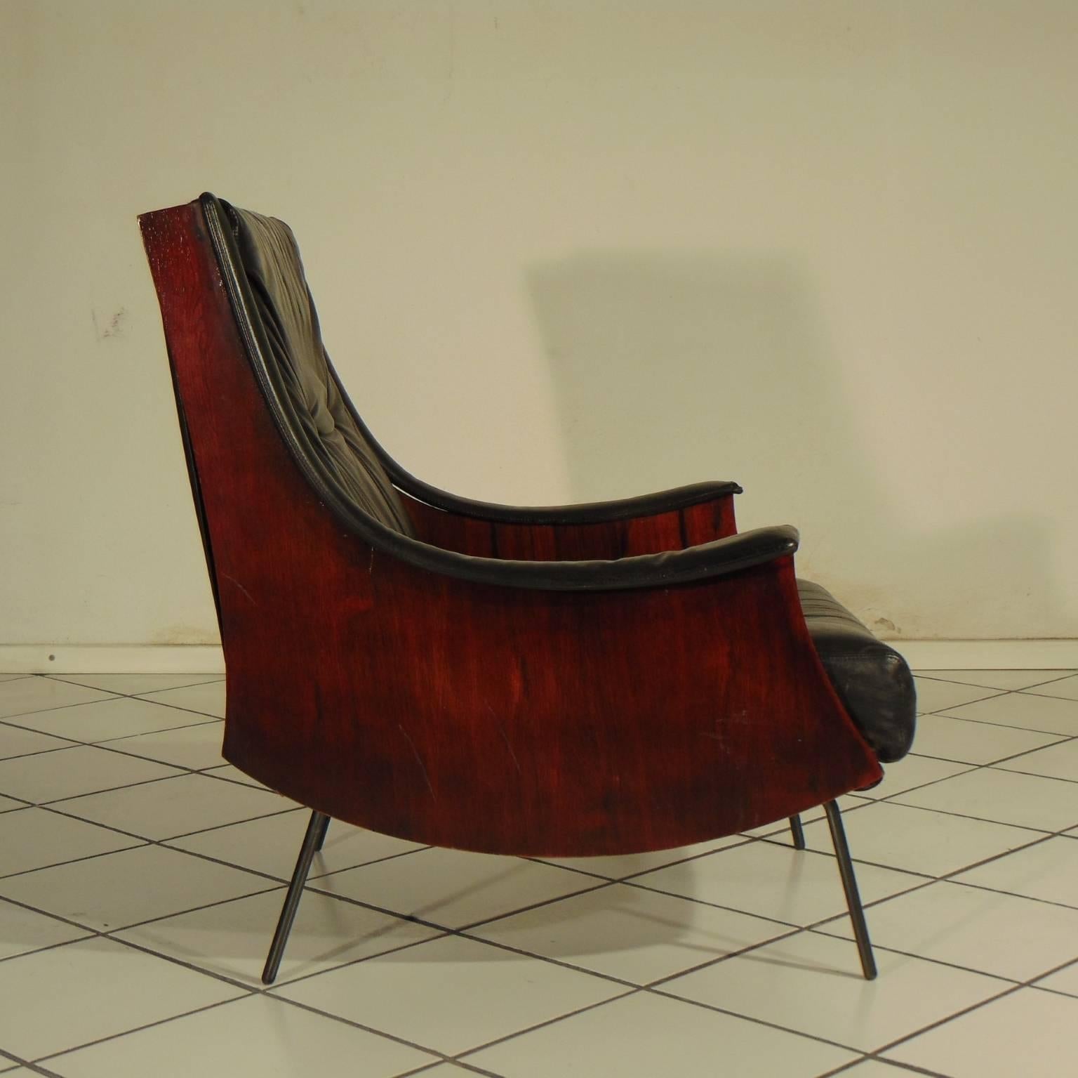 Mid-Century Modern Carlo de Carli Rosewood and Black Leather Armchair 