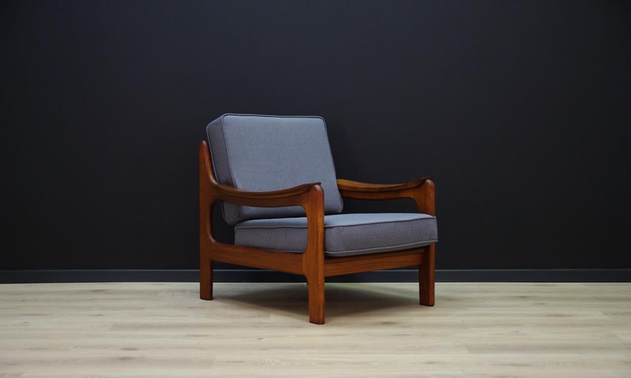 Unique armchair from the 1960s-1970s, a beautiful Minimalist form - Scandinavian design. Fantastic armrests. The armchair is covered with a new upholstery (color - gray). Preserved in good condition (small dings and scratches) - directly for