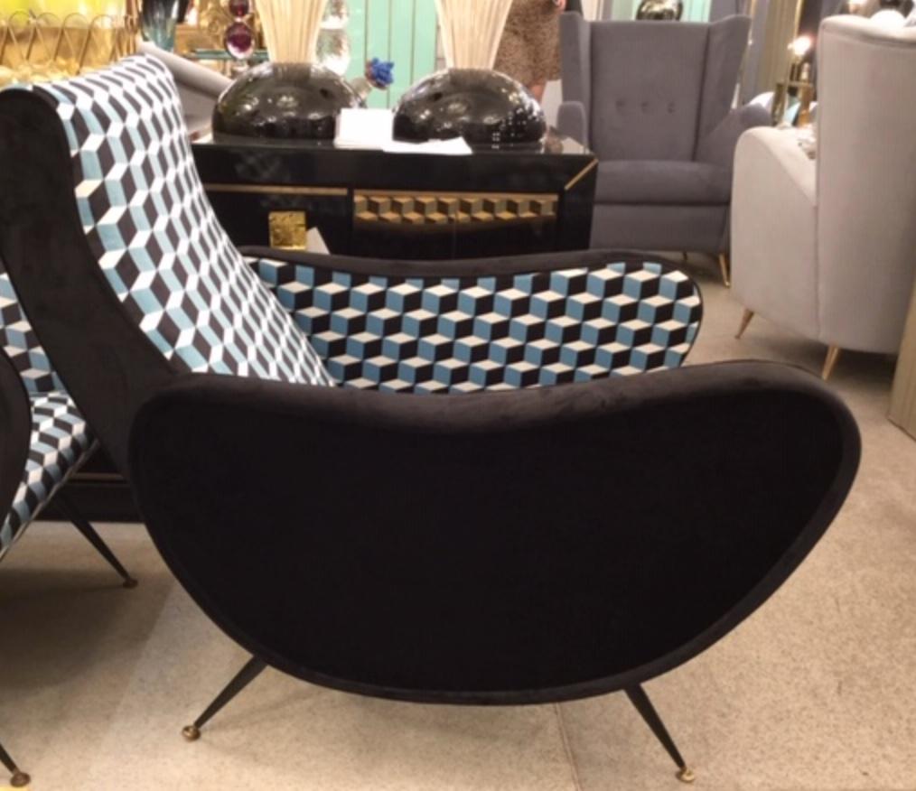 Armchair Reupholstered in Black Velvet and Black/Blue Fabric In Good Condition For Sale In London, GB