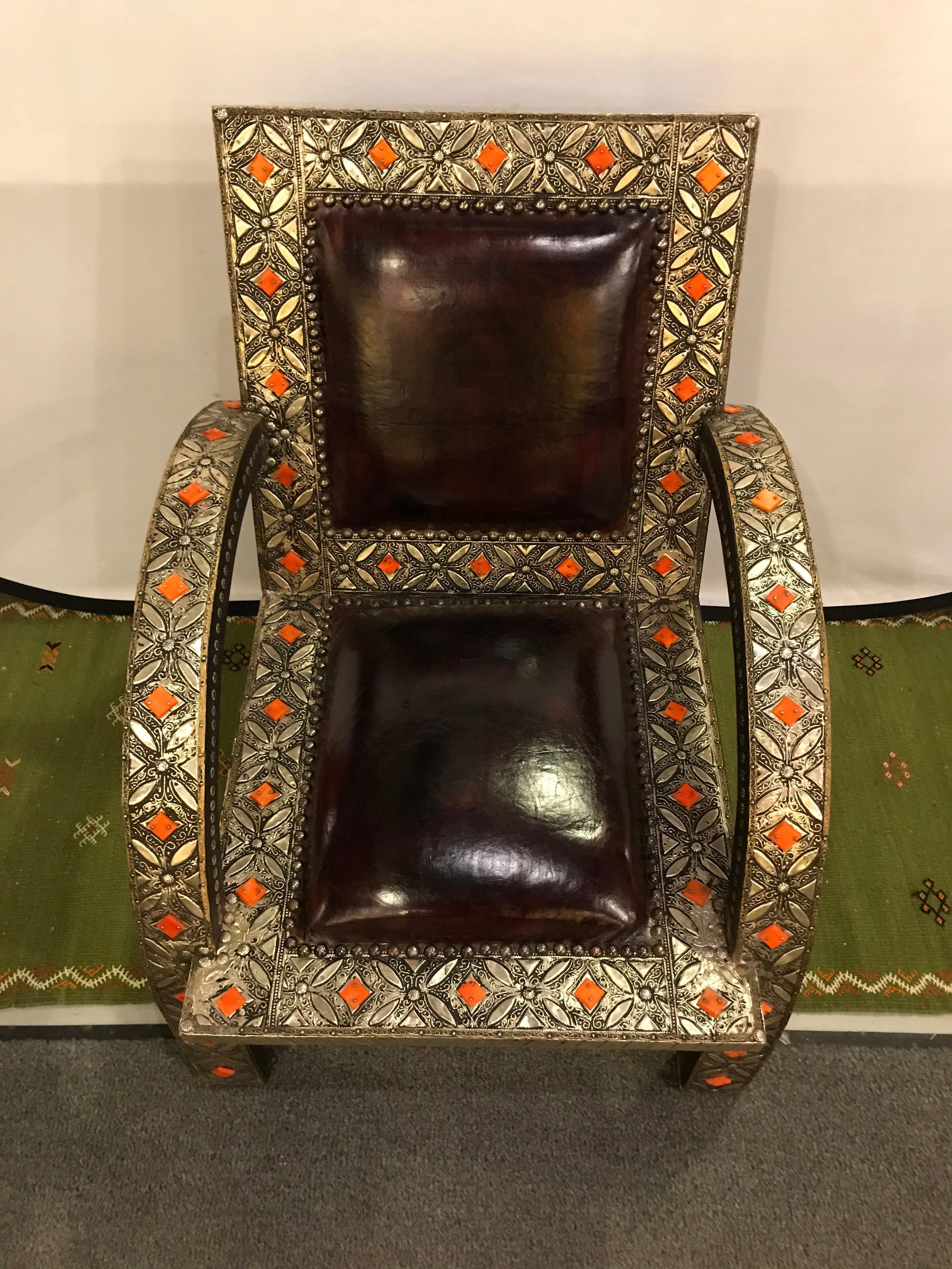 Moorish Armchair Royal Style Camel Bone, Leather and Brass Inlay