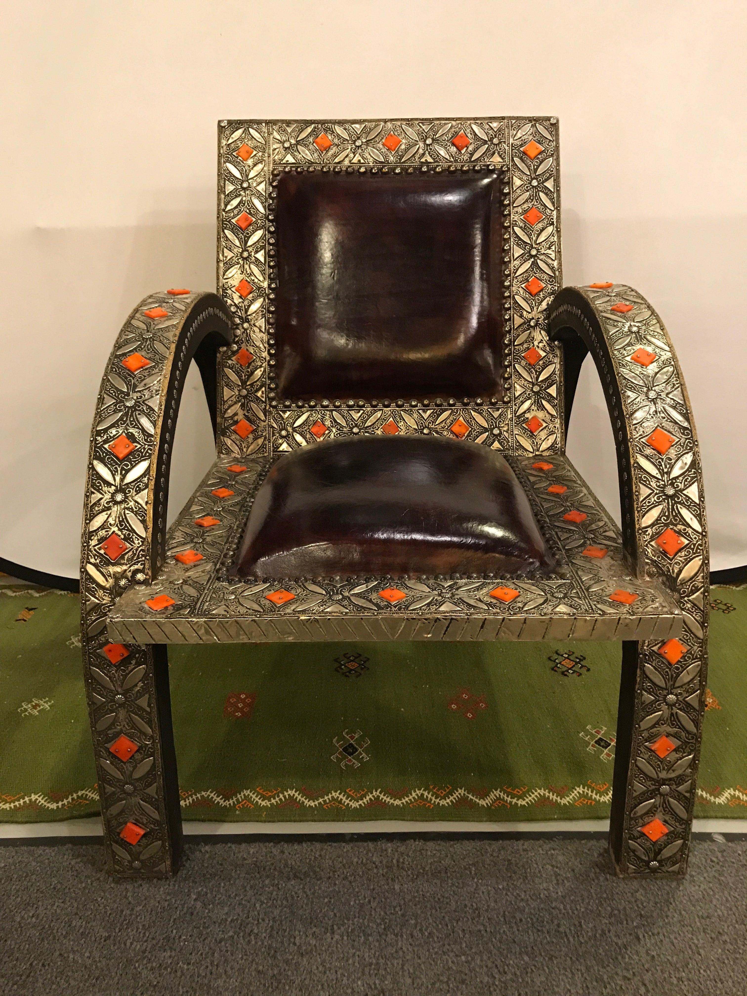 Moroccan Armchair Royal Style Camel Bone, Leather and Brass Inlay
