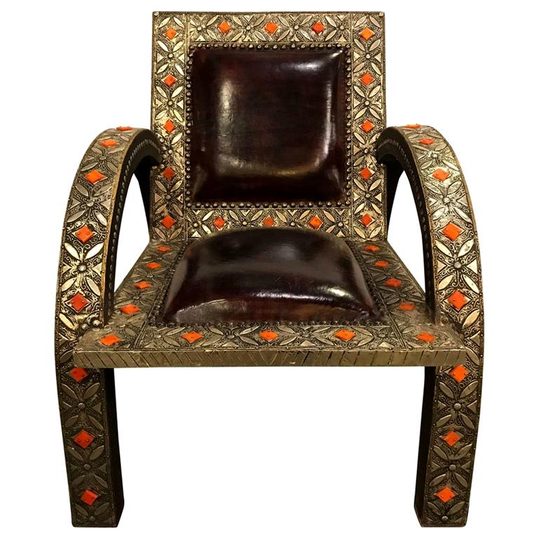 Armchair Royal Style Camel Bone, Leather and Brass Inlay