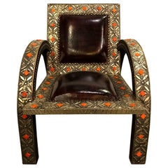 Vintage Armchair Royal Style Camel Bone, Leather and Brass Inlay
