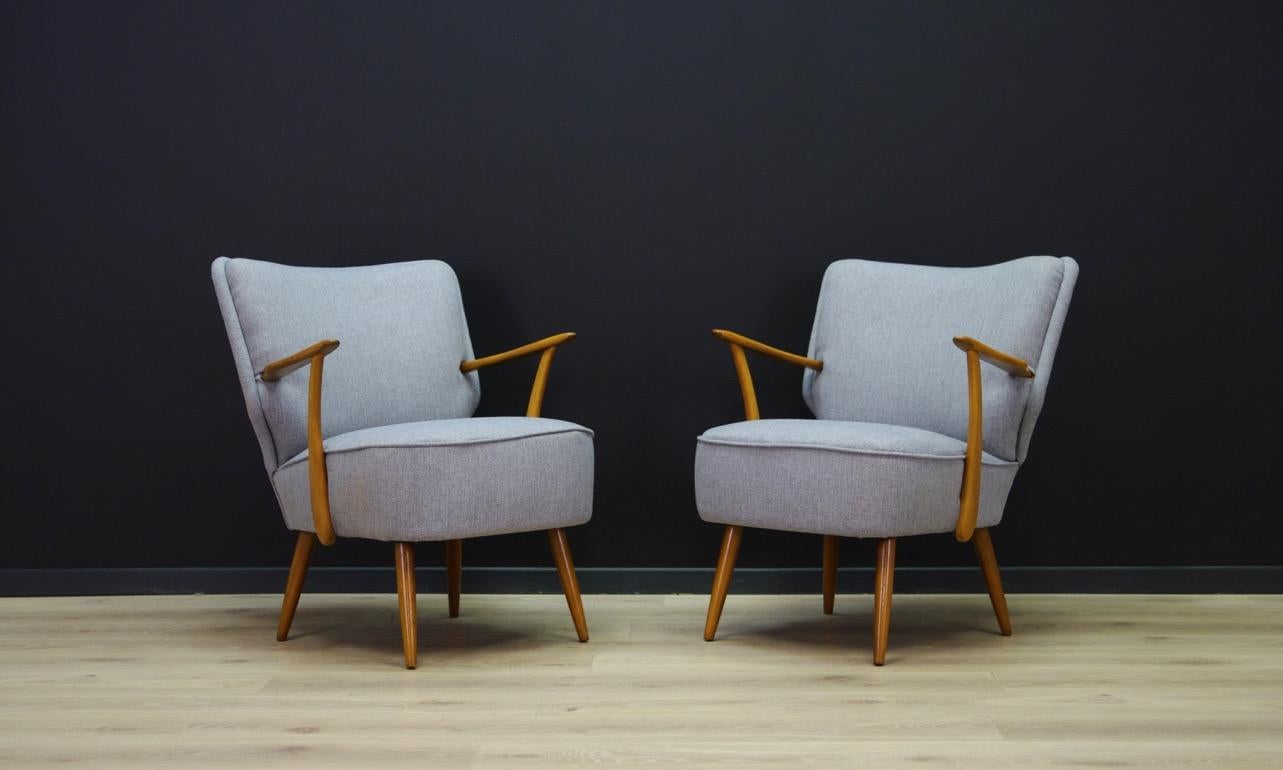 Original armchairs from the 1960s-1970s, a beautiful minimalist form - Scandinavian design. Armchairs covered with new upholstery (color - gray). Phenomenal beech armrests. Preserved in good condition (minor scratches) - directly for use.

Price