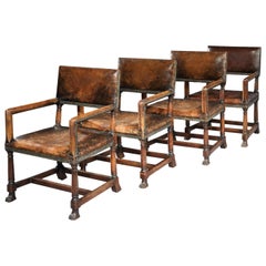 Antique Armchair, Set, Four, Walnut, Leather, Upholstered, Renaissance, Paw Feet, Tozer