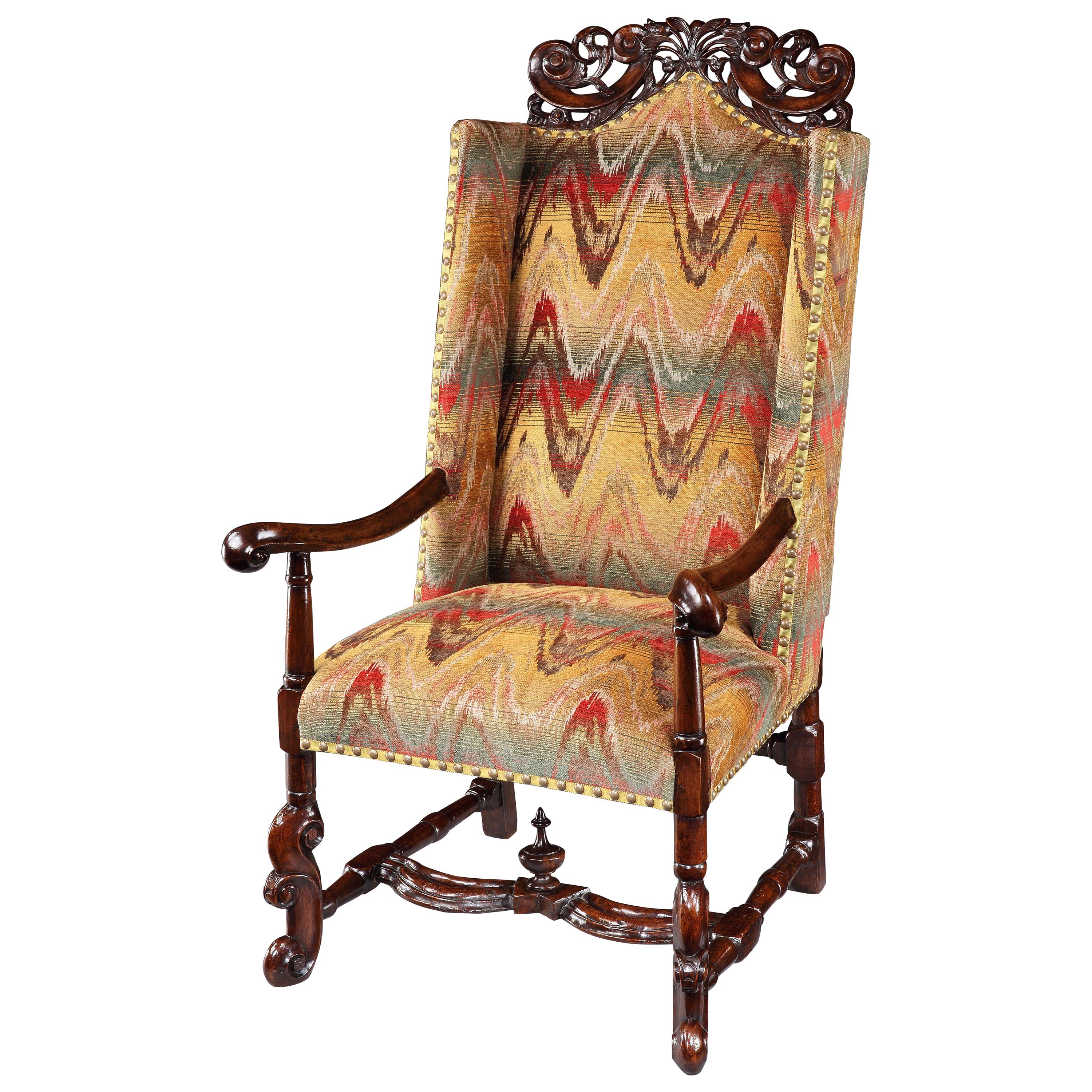 Armchair Wing Sleeping Walnut Upholstered Bargello Cresting Baroque H-Stretcher  For Sale