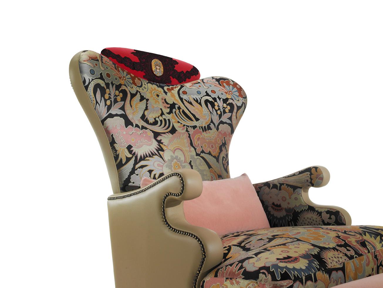 Contemporary Armchair Solid Timber  Wood Upholstered Legs Decorative Micromosaic Medallion For Sale