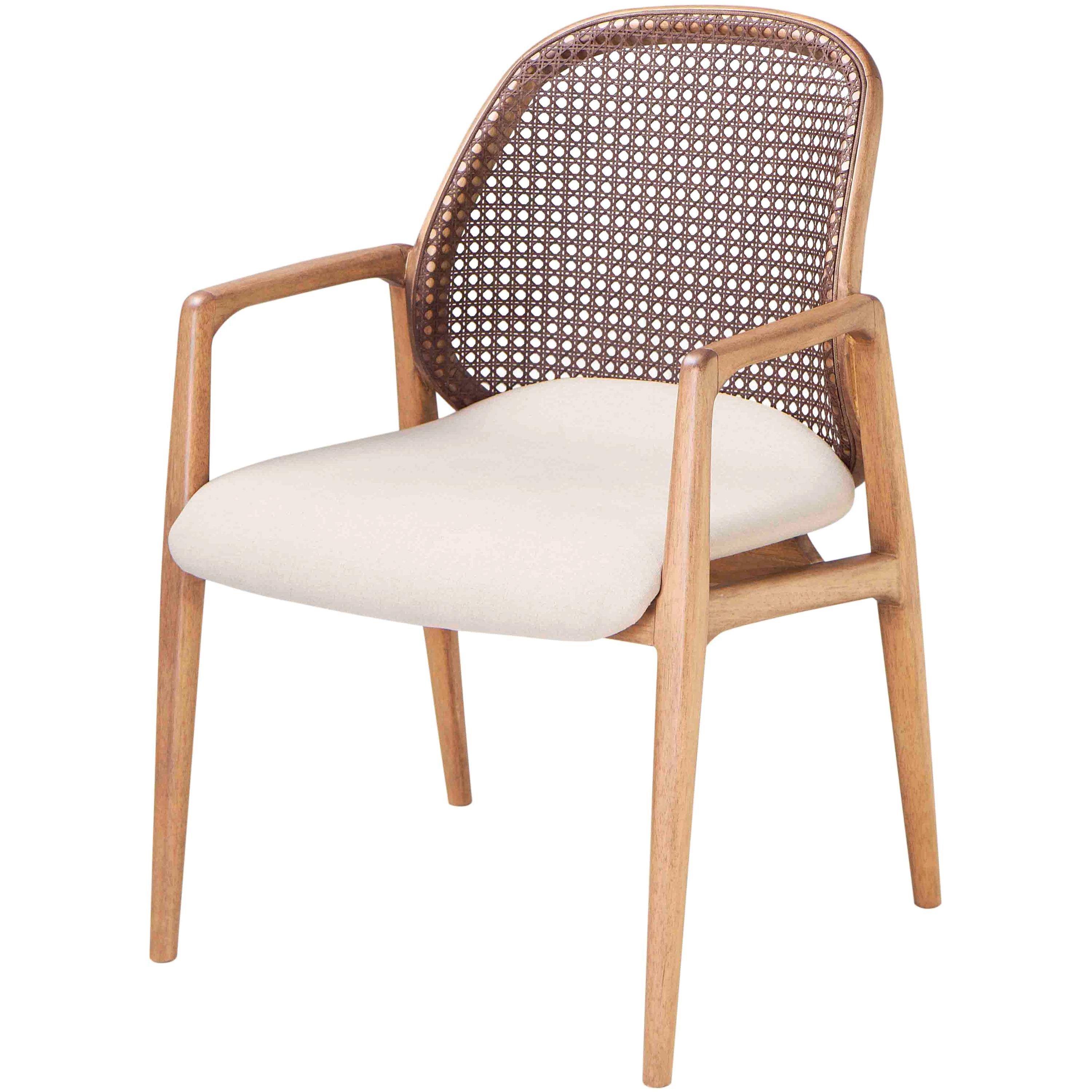 Armchair, Cane Backrest and Offwhite Fabric Seat Dining Armchair Naia For Sale