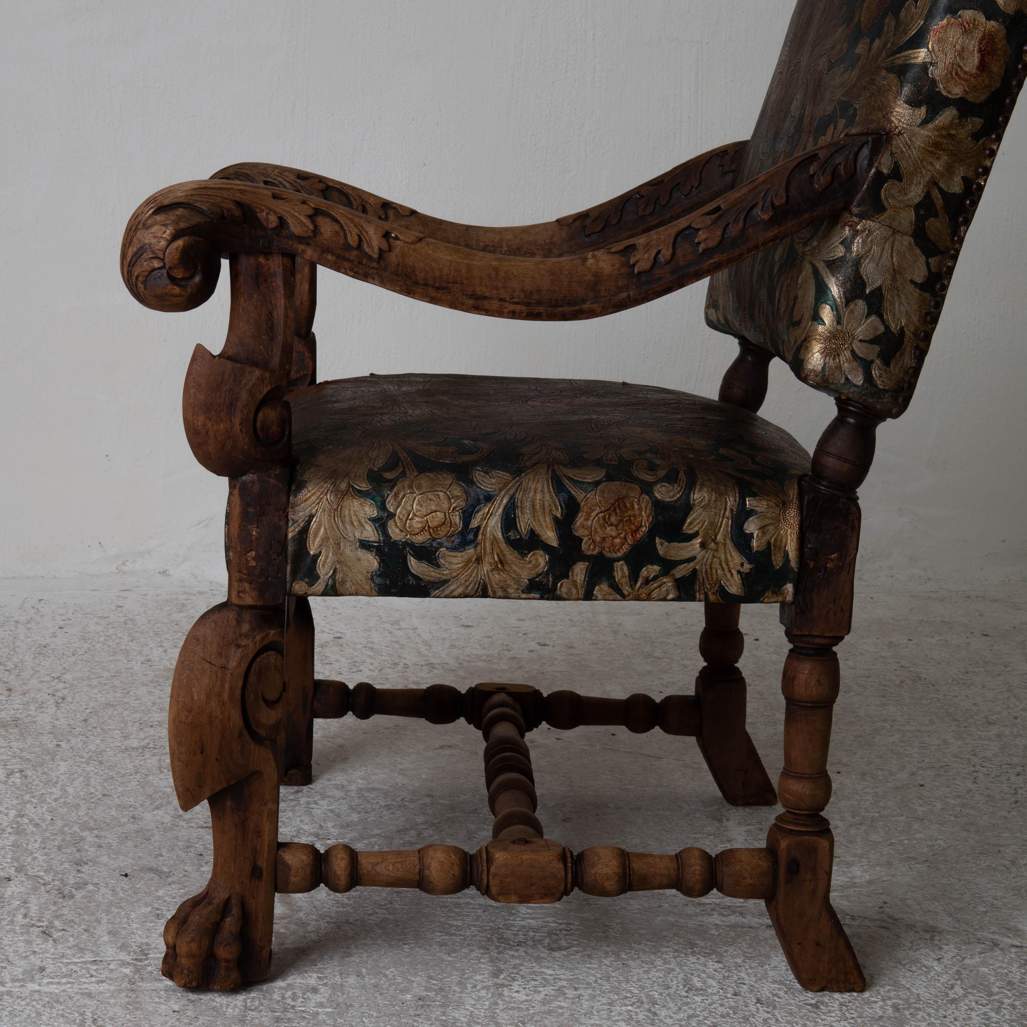 17th Century Armchair Swedish Early Baroque Period Gilt Leather Sweden For Sale