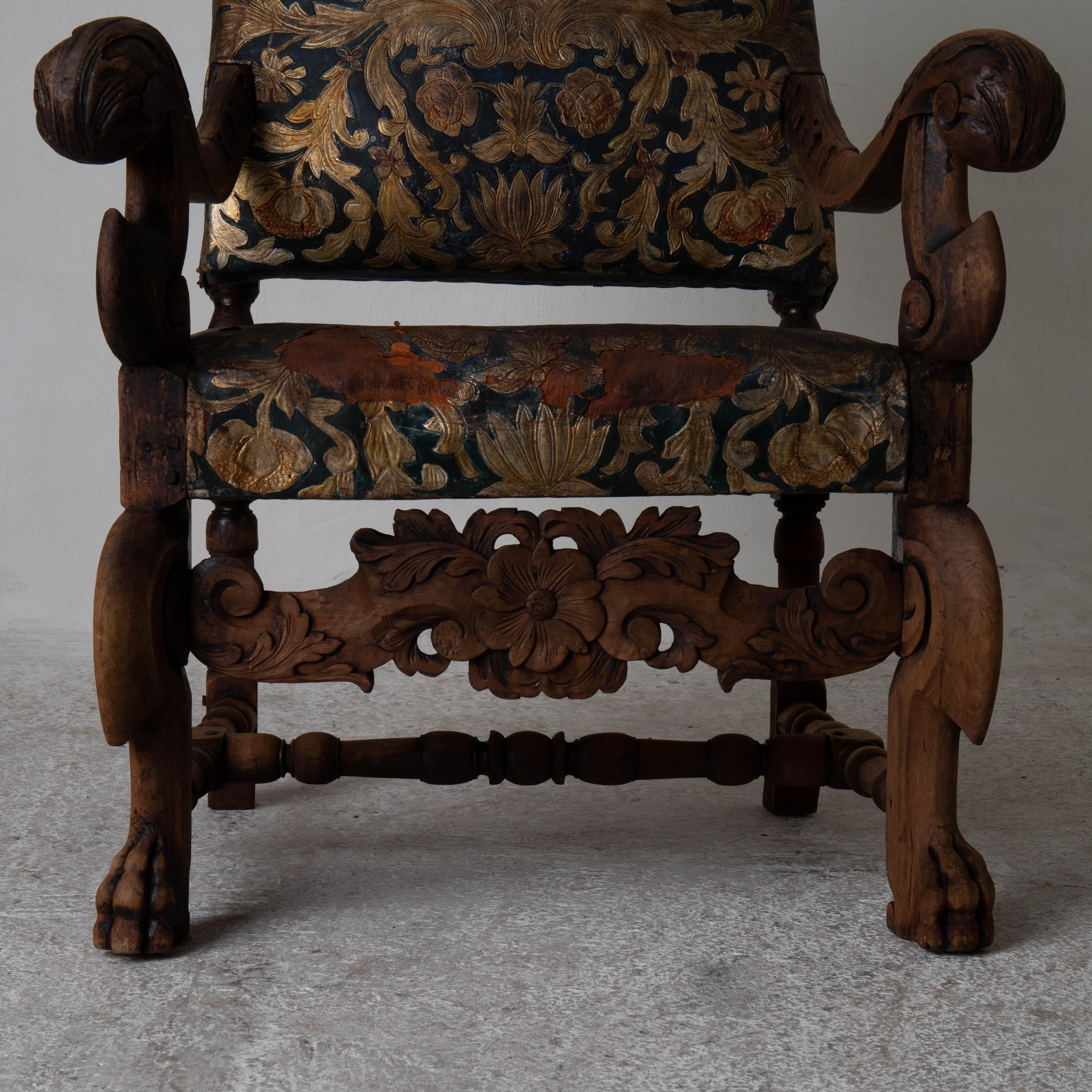 Armchair Swedish Early Baroque Period Gilt Leather Sweden For Sale 2