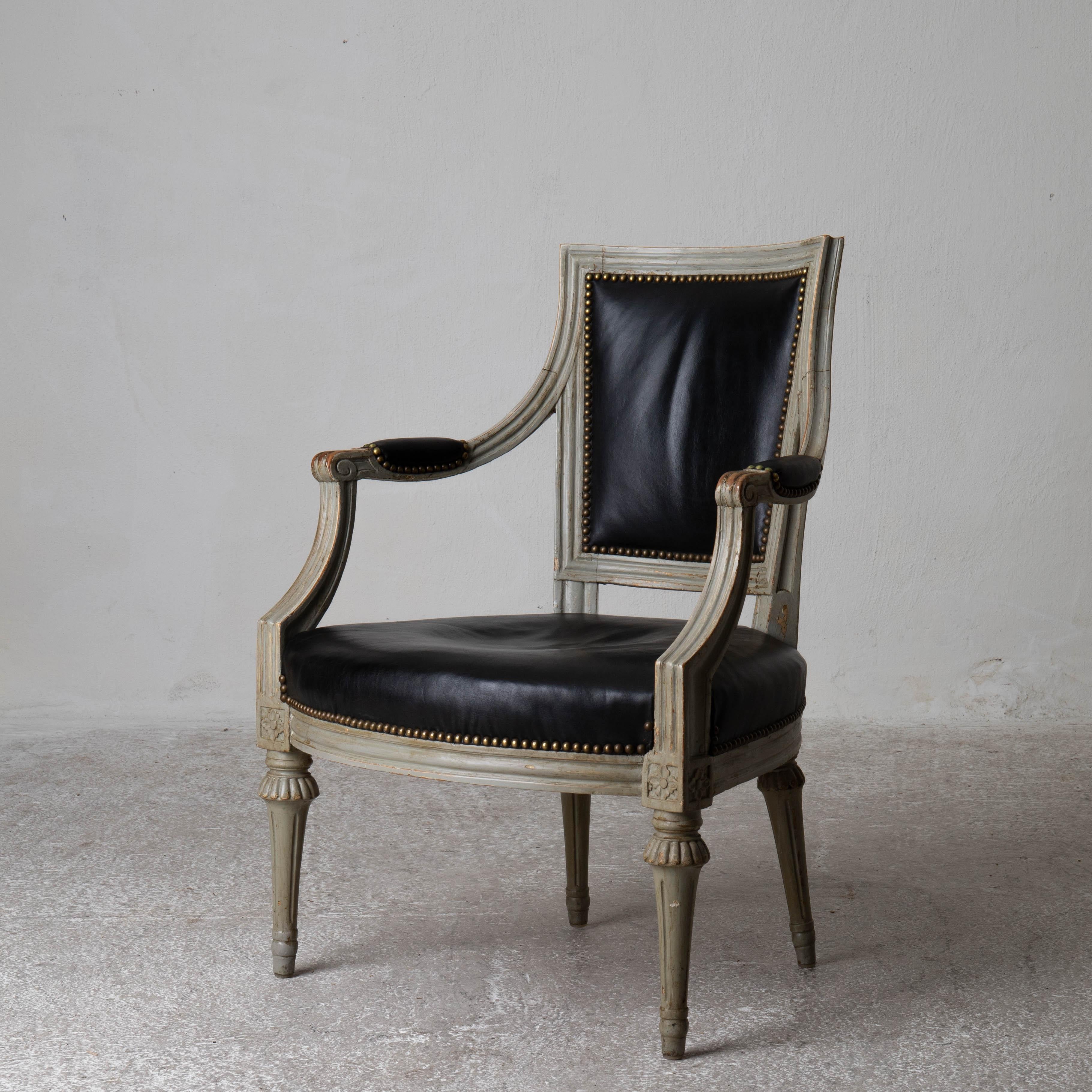 Hand-Painted Armchair Swedish Gustavian 1790-1810 Greenish Frame with Black Upholstery Sweden For Sale
