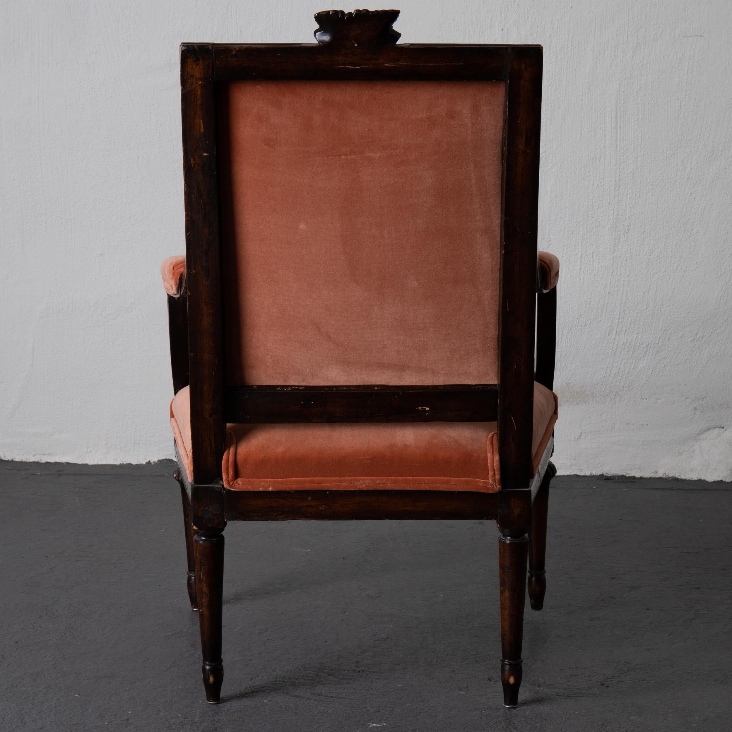 Armchair Swedish Gustavian Dark Apricot Velvet, Sweden For Sale 7