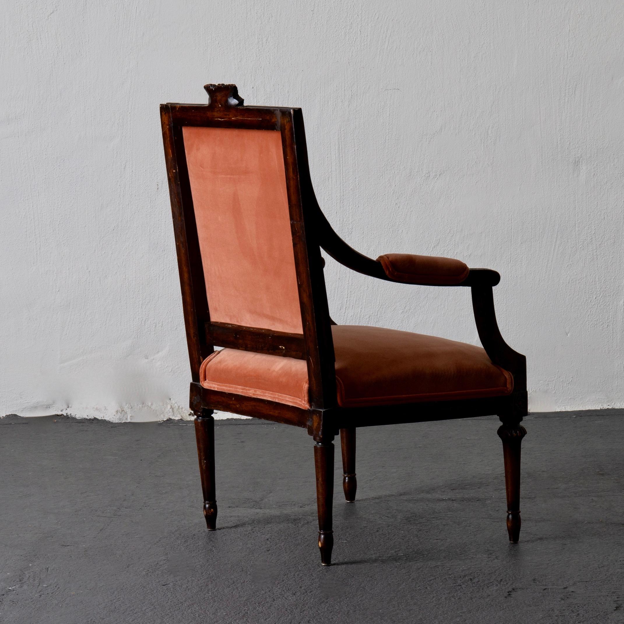 Armchair Swedish Gustavian Dark Apricot Velvet, Sweden In Good Condition For Sale In New York, NY